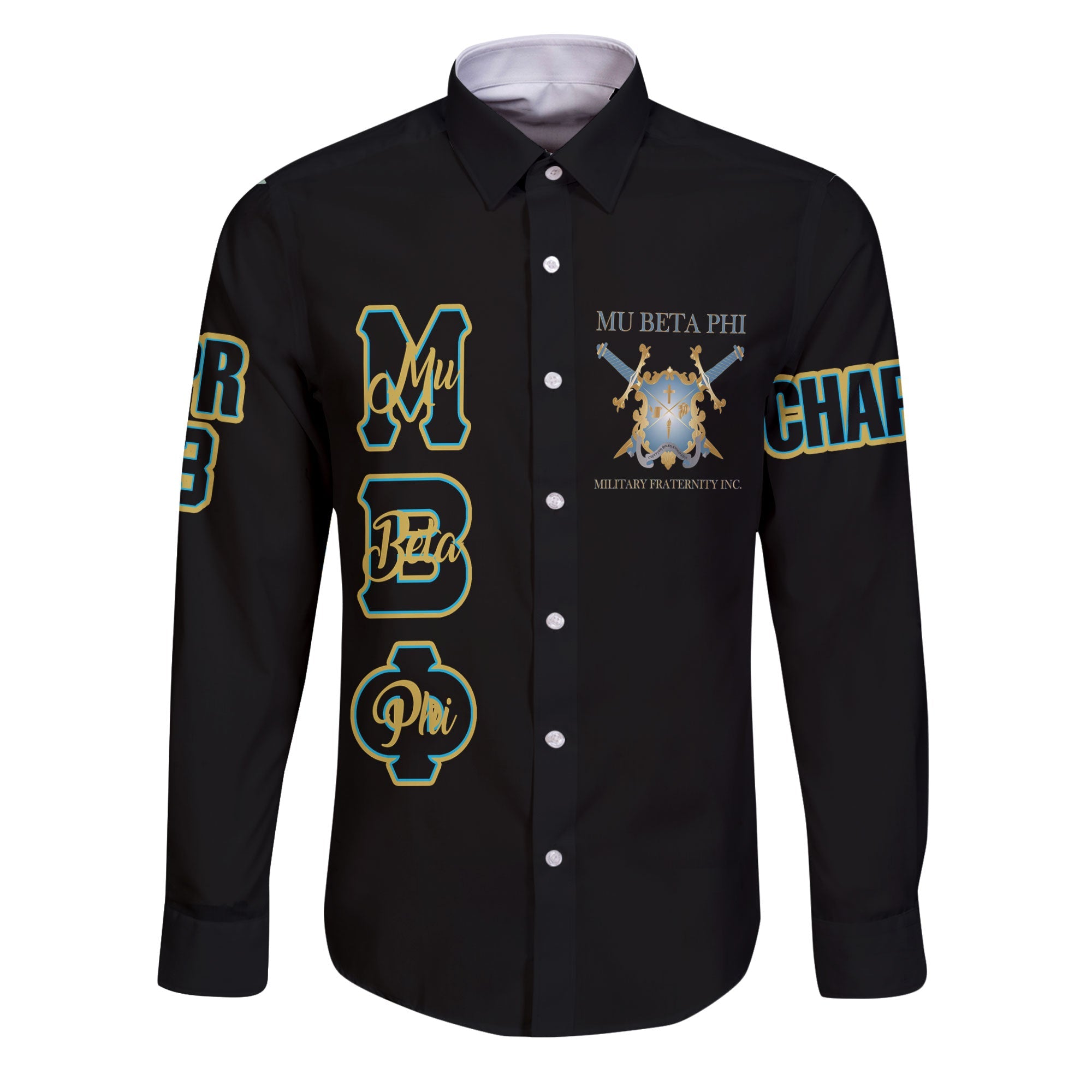 Fraternity Shirt - Personalized Mu Beta Phi Long Sleeve Button Shirt Original Black Style