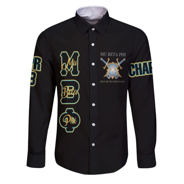 Fraternity Shirt - Personalized Mu Beta Phi Long Sleeve Button Shirt Original Black Style