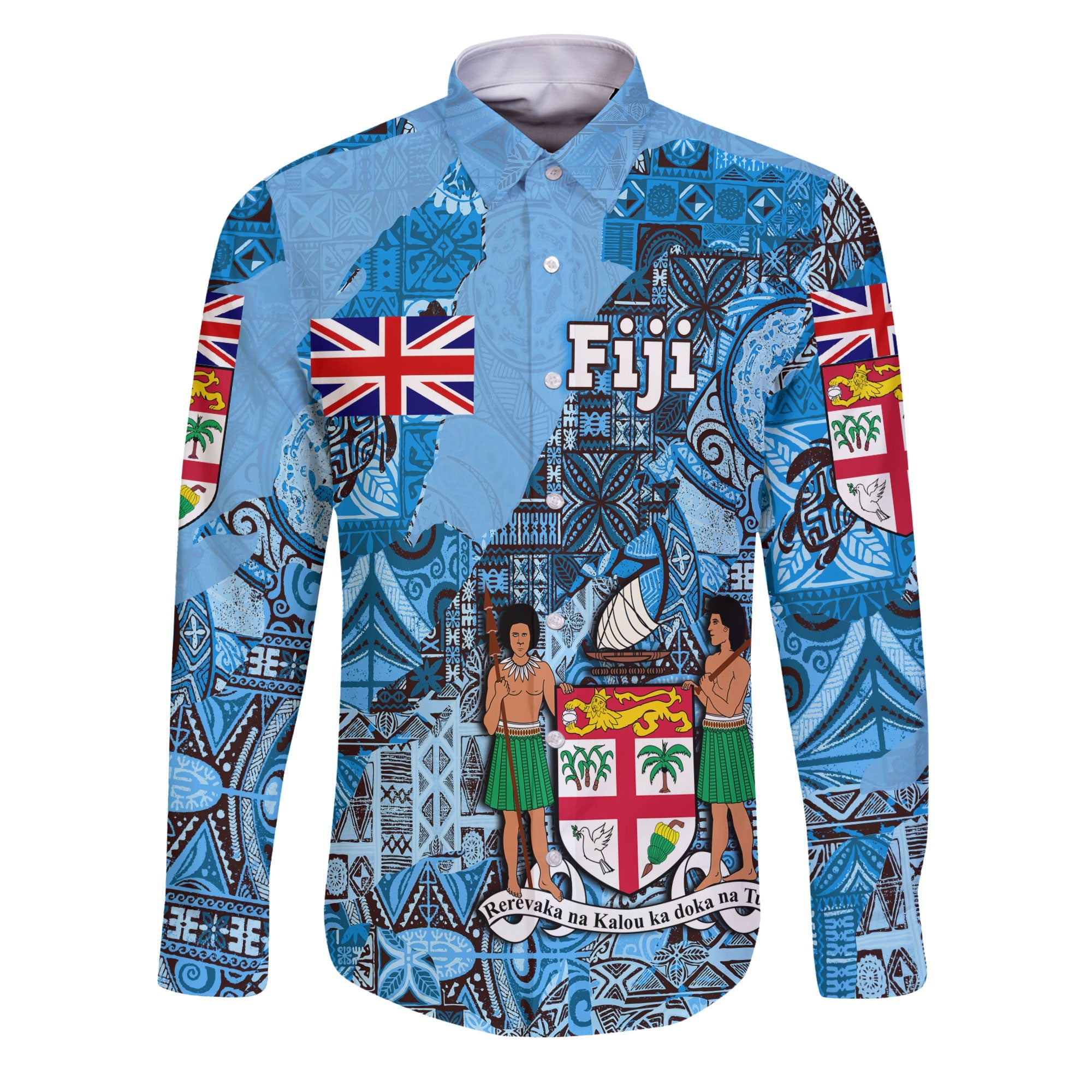 Fiji Flag & Coat Of Arms Long Sleeve Button Shirt