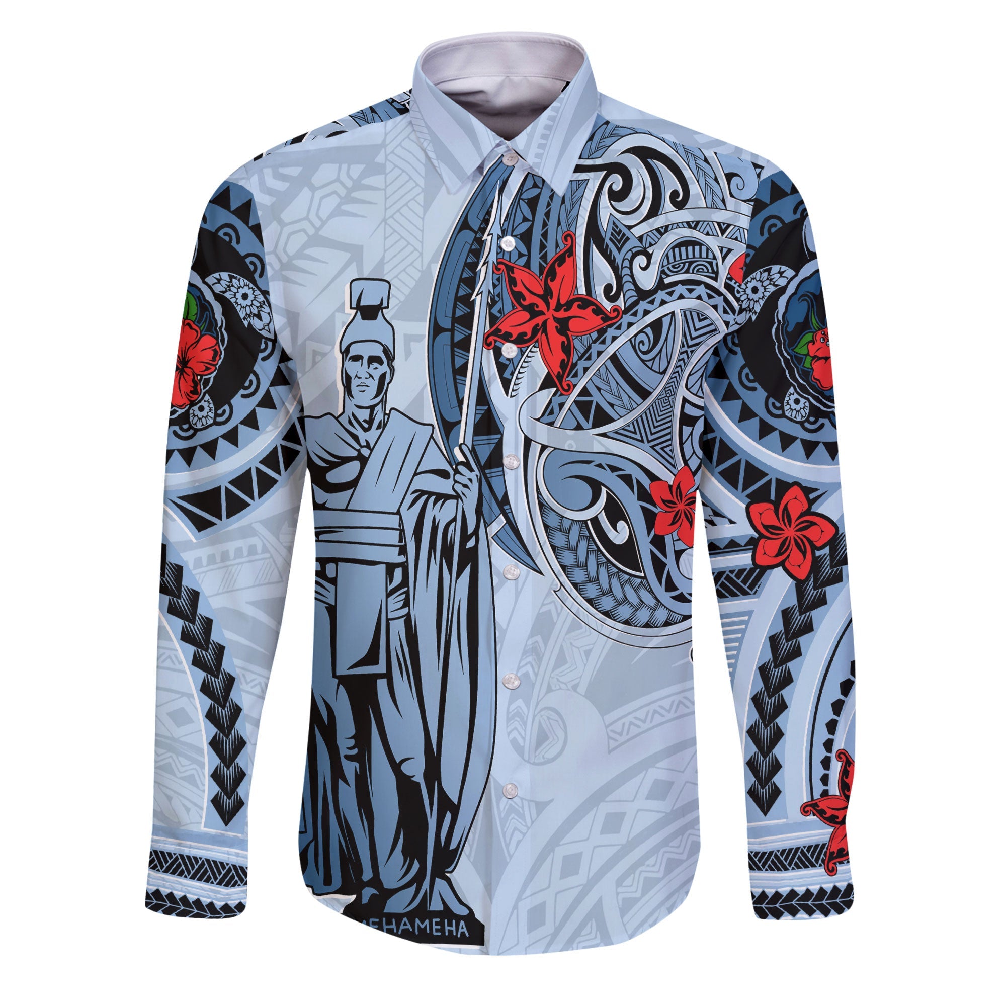 Custom King Kamehameha Hawaiian Long Sleeve Button Shirt Sea Green Plumeria Style