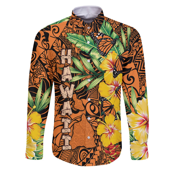 Hawaii Long Sleeve Button Shirt Kamehameha Butterfly Tropical Style