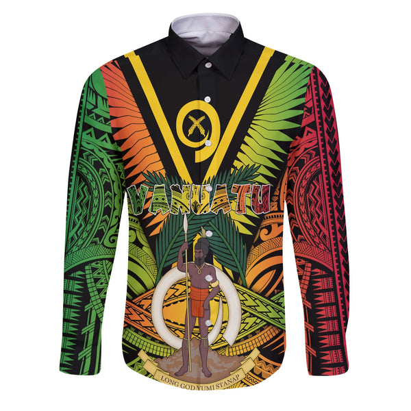 Vanuatu Long Sleeve Button Shirt Coat Of Arms Reggae Style