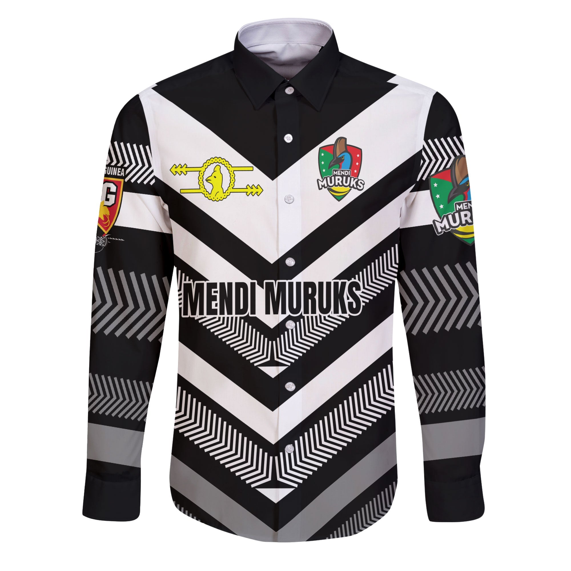 Custom Mendi Muruks Long Sleeve Button Shirt Papua New Guinea Rugby Black & White Style