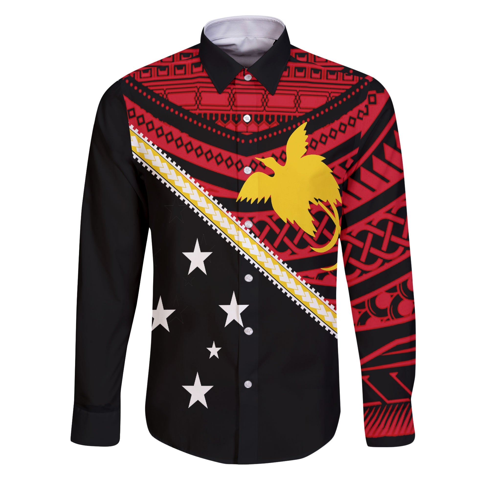 Papua New Guinea Long Sleeve Button Shirt Polynesian Flag Style