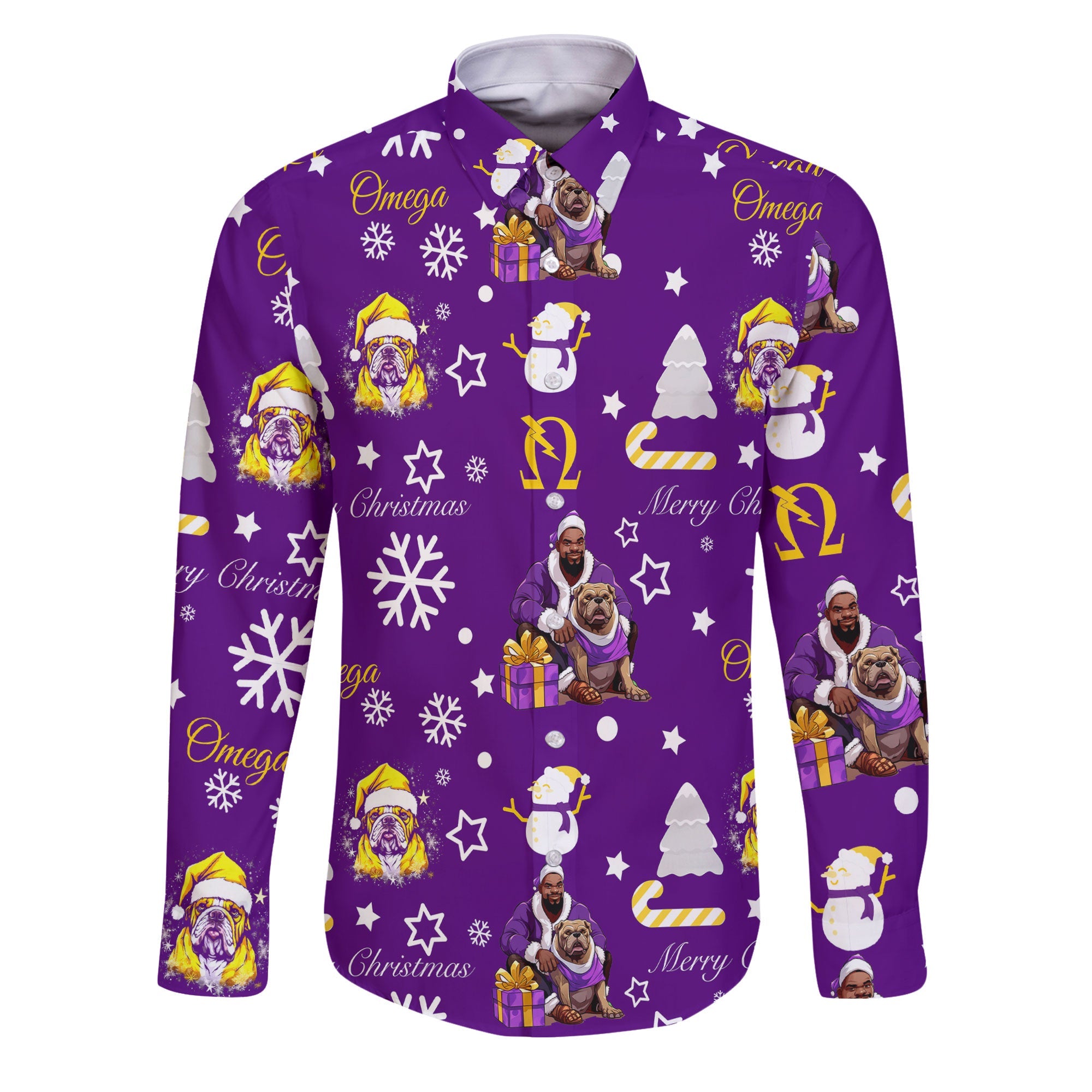 Fraternity Shirt - OPP Christmas Long Sleeve Button Shirt Bulldog Purple Pattern Style