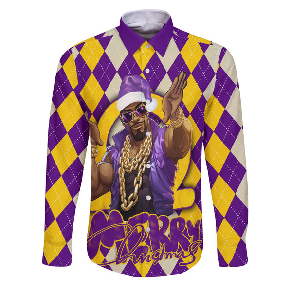 Fraternity Shirt - OPP Christmas Long Sleeve Button Shirt Bulldog Purple Gold Caro Pattern Style