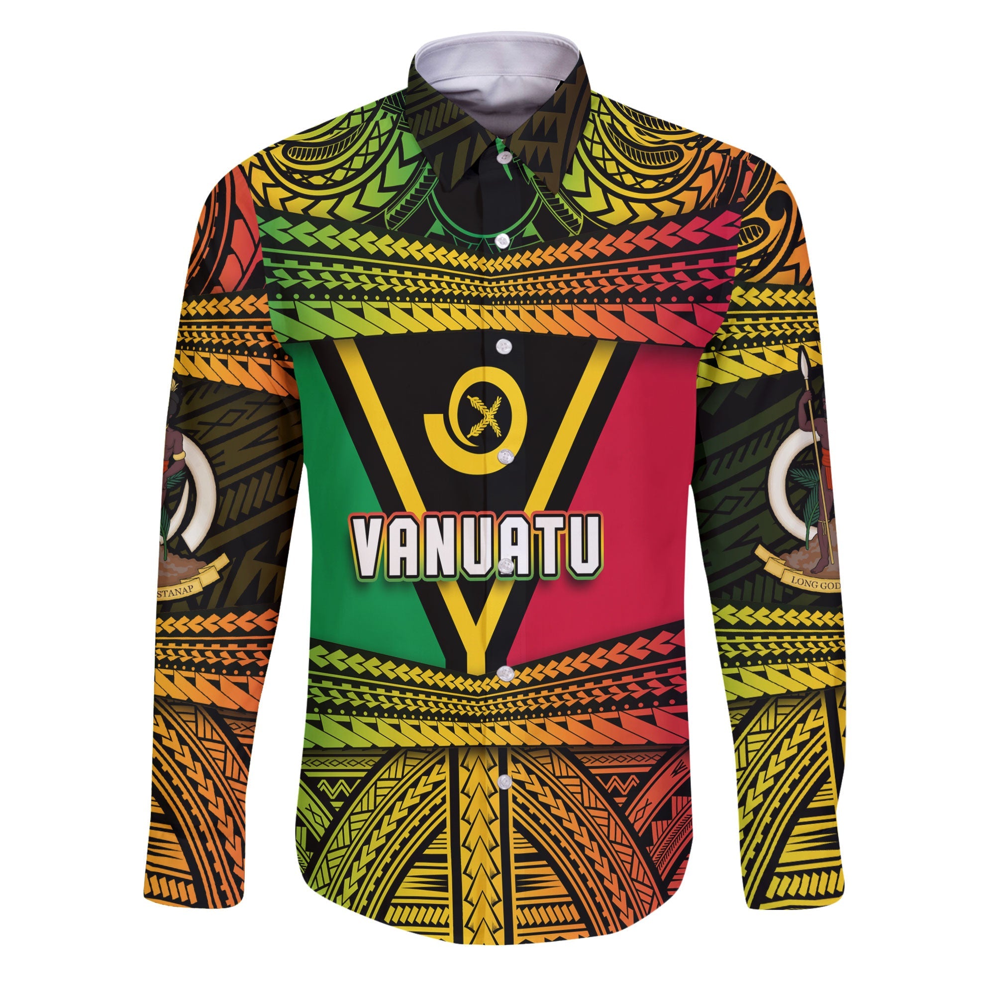 Custom Vanuatu Flag & Coat Of Arms Long Sleeve Button Shirt Reggae Style