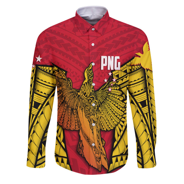 Papua New Guinea Independence Day Long Sleeve Button Shirt Raggiana Bird of Paradise Style