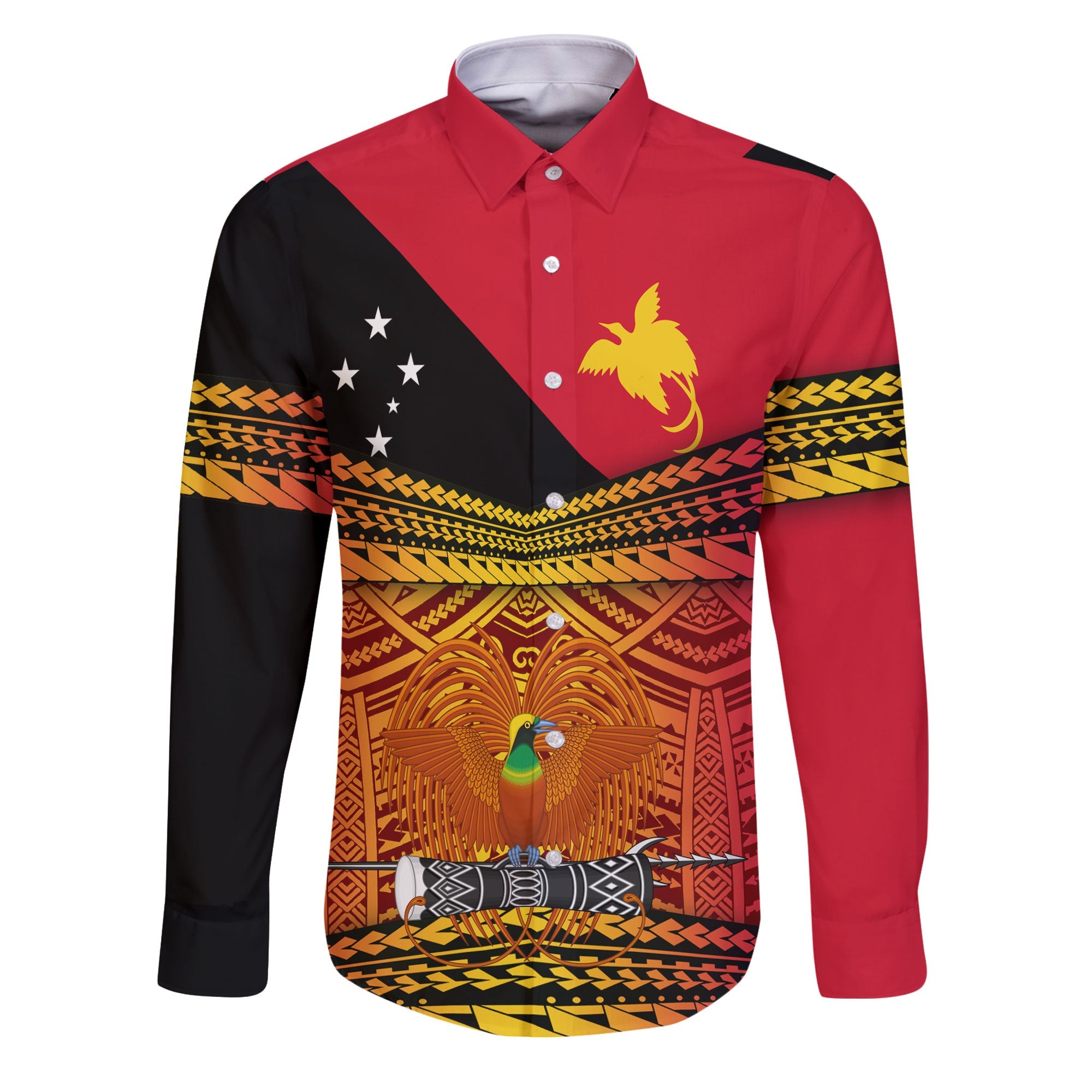 Papua New Guinea Independence Day Long Sleeve Button Shirt PNG Emblem Style