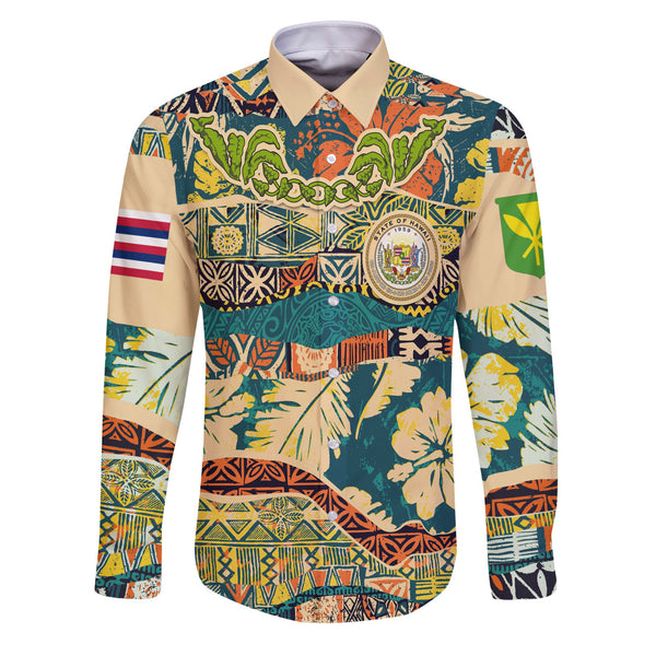 Hawaii Flag Long Sleeve Button Shirt Coat Of Arm Style