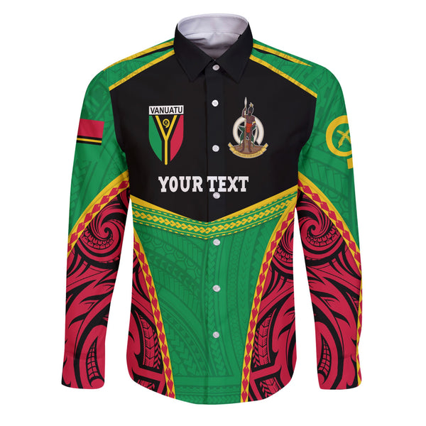 Custom Vanuatu Flag & Coat Of Arms Long Sleeve Button Shirt Black Style