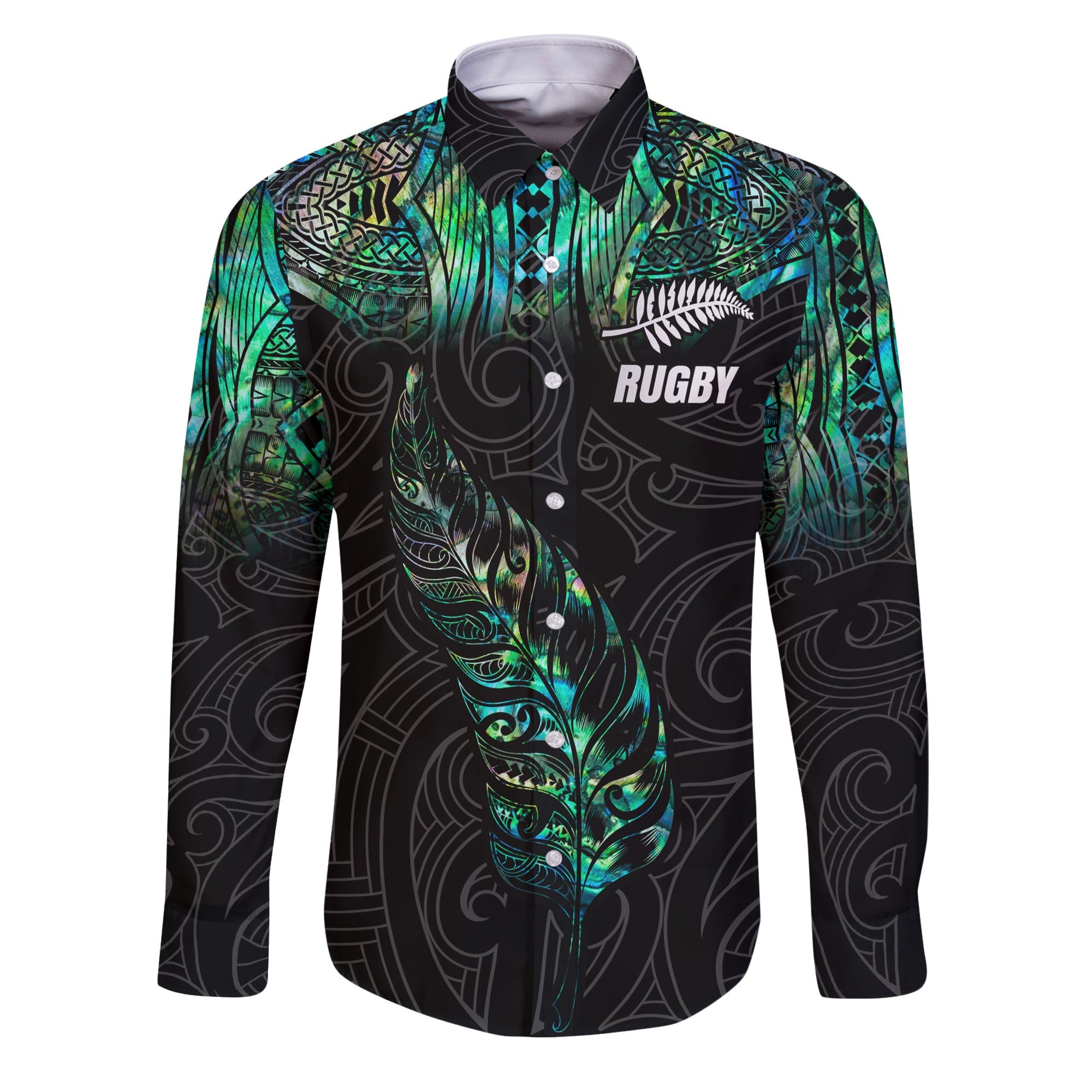 Custom New Zealand Rugby Long Sleeve Button Shirt Maori mix Paua Shell Rugby Silver Fern Aotearoa - LH1