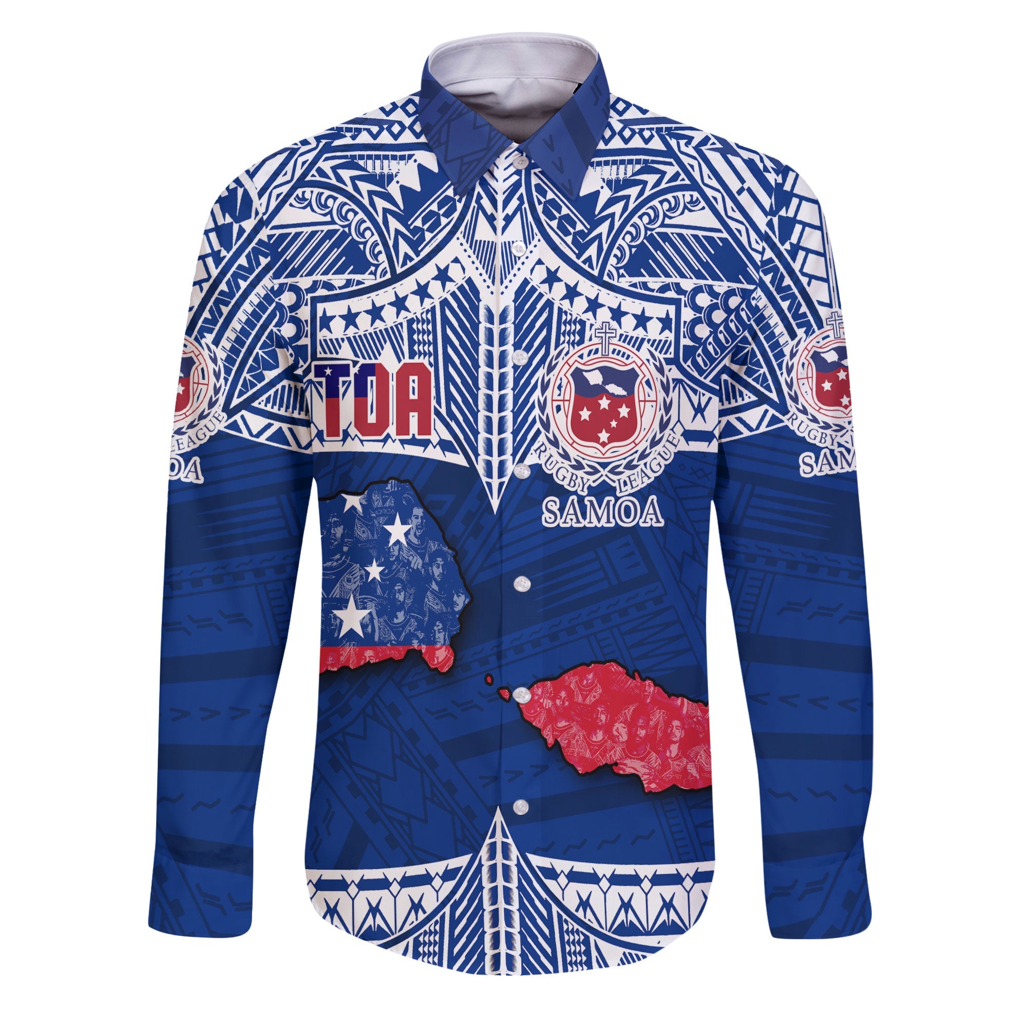 Custom Samoa TOA Rugby Long Sleeve Button Shirt Map Style