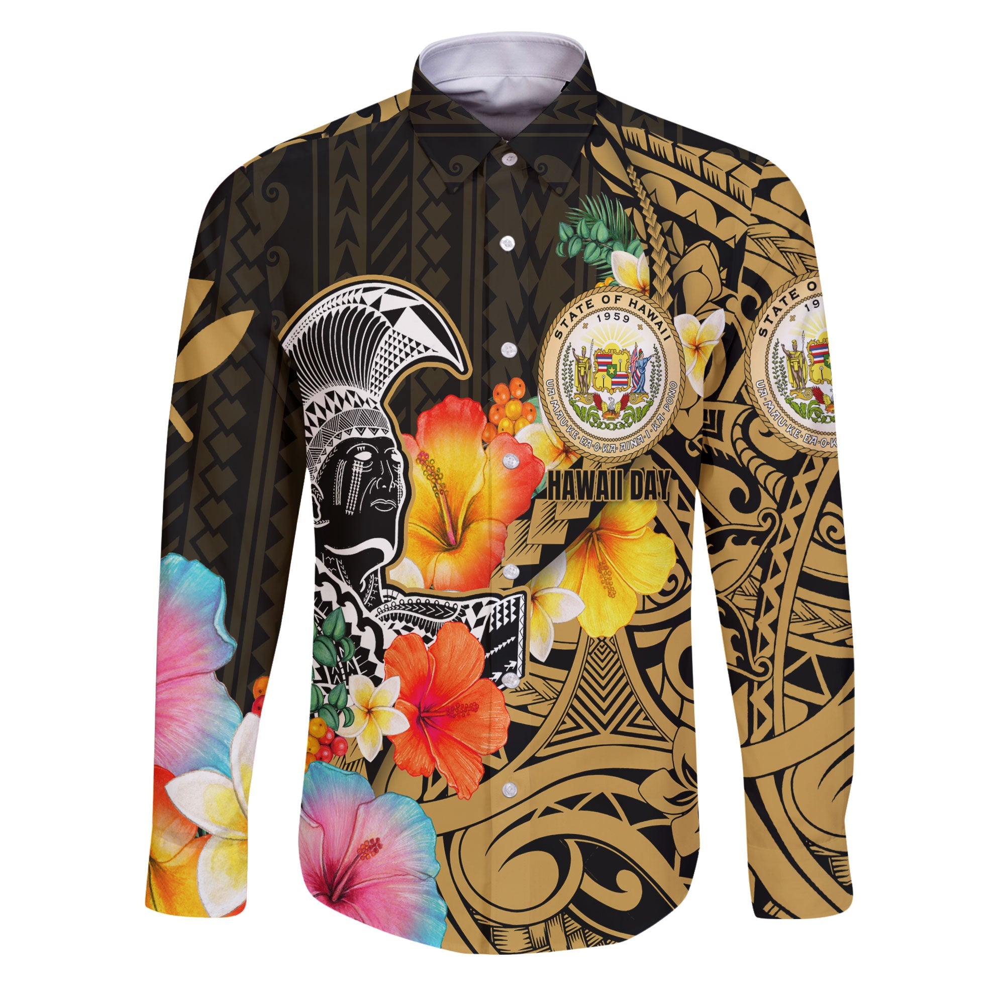 Hawaii Day King Kamehameha Long Sleeve Button Shirt