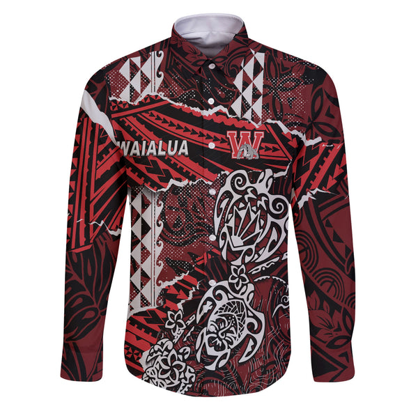 Hawaii Waialua High & Intermediate School Custom Long Sleeve Button Shirt Polynesian Turtle Style