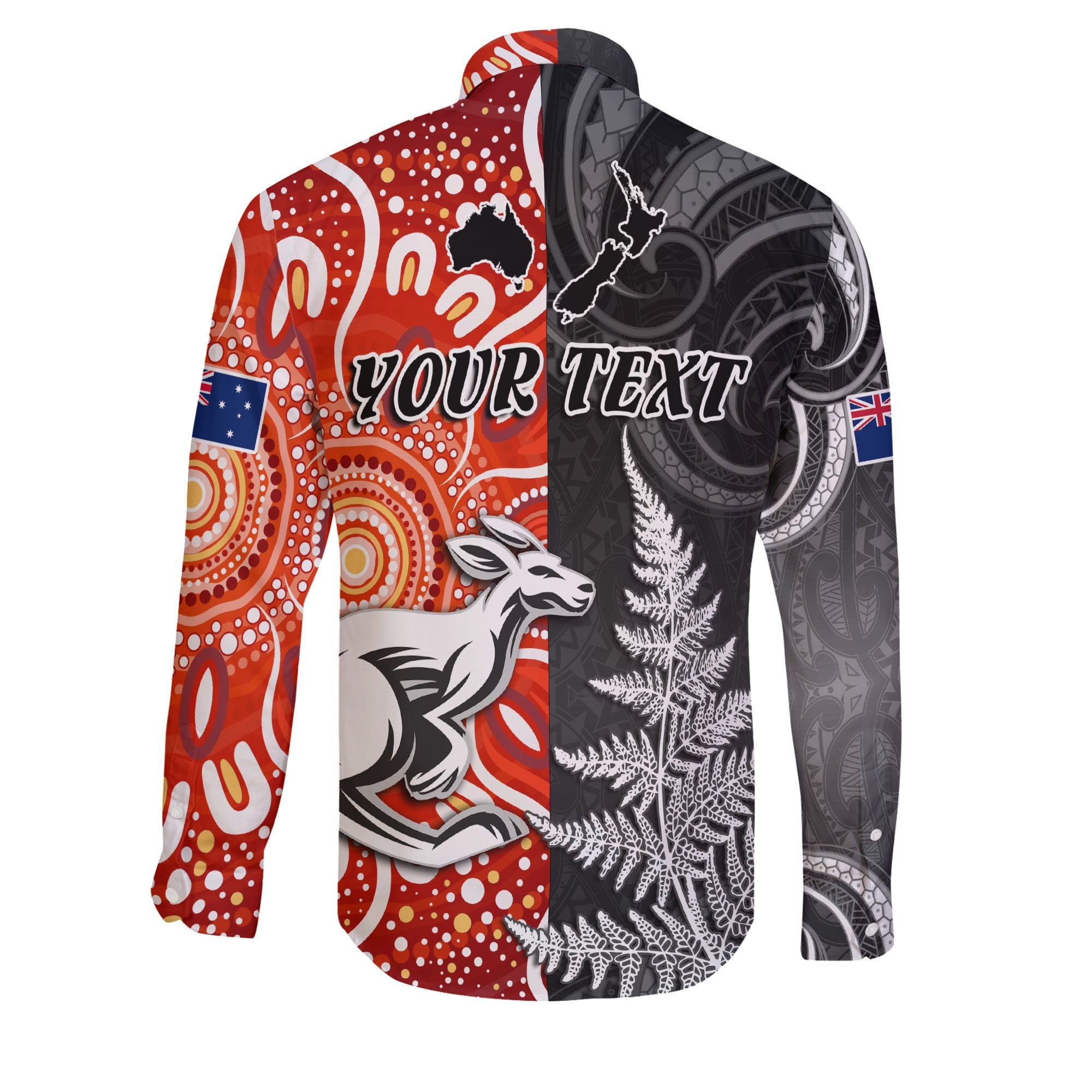 Custom New Zealand Rugby Long Sleeve Button Shirt Aotearoa Silver Fern & Aussie Kangaroo Maori & Aboriginal - LH1