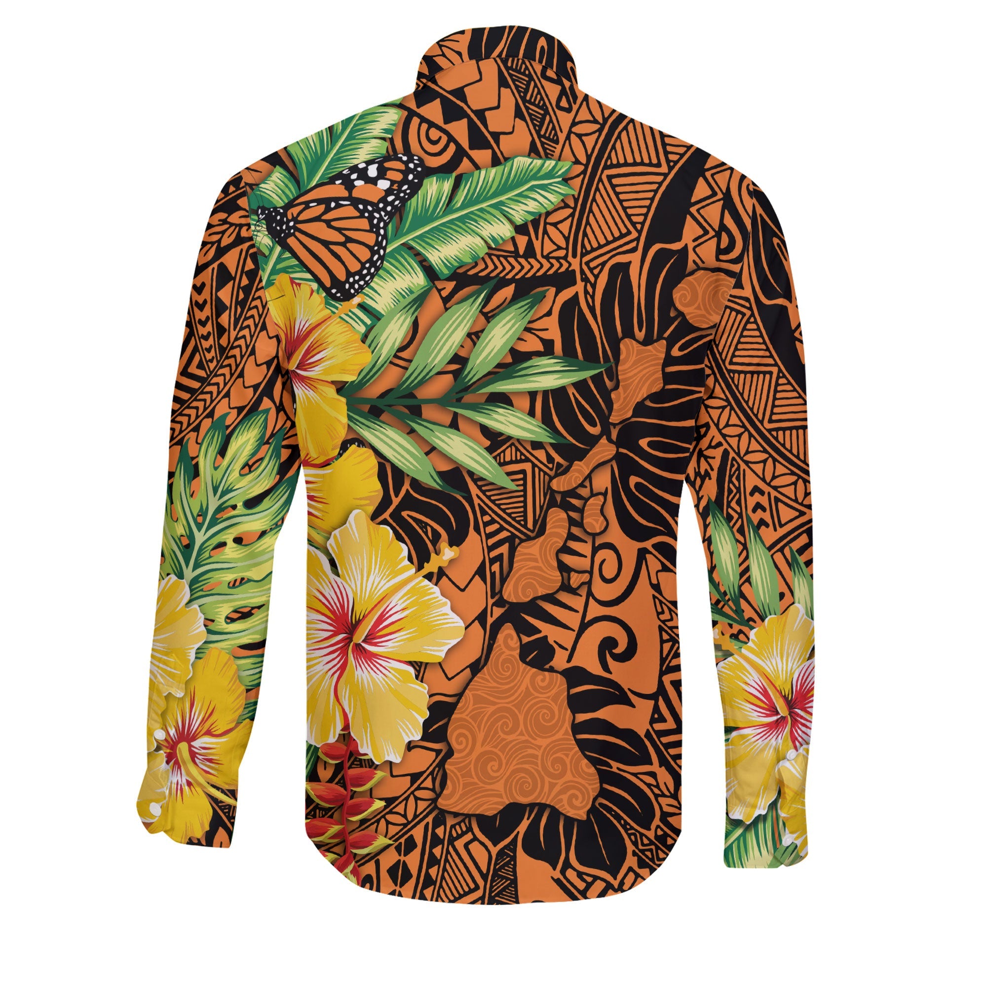 Hawaii Long Sleeve Button Shirt Kamehameha Butterfly Tropical Style