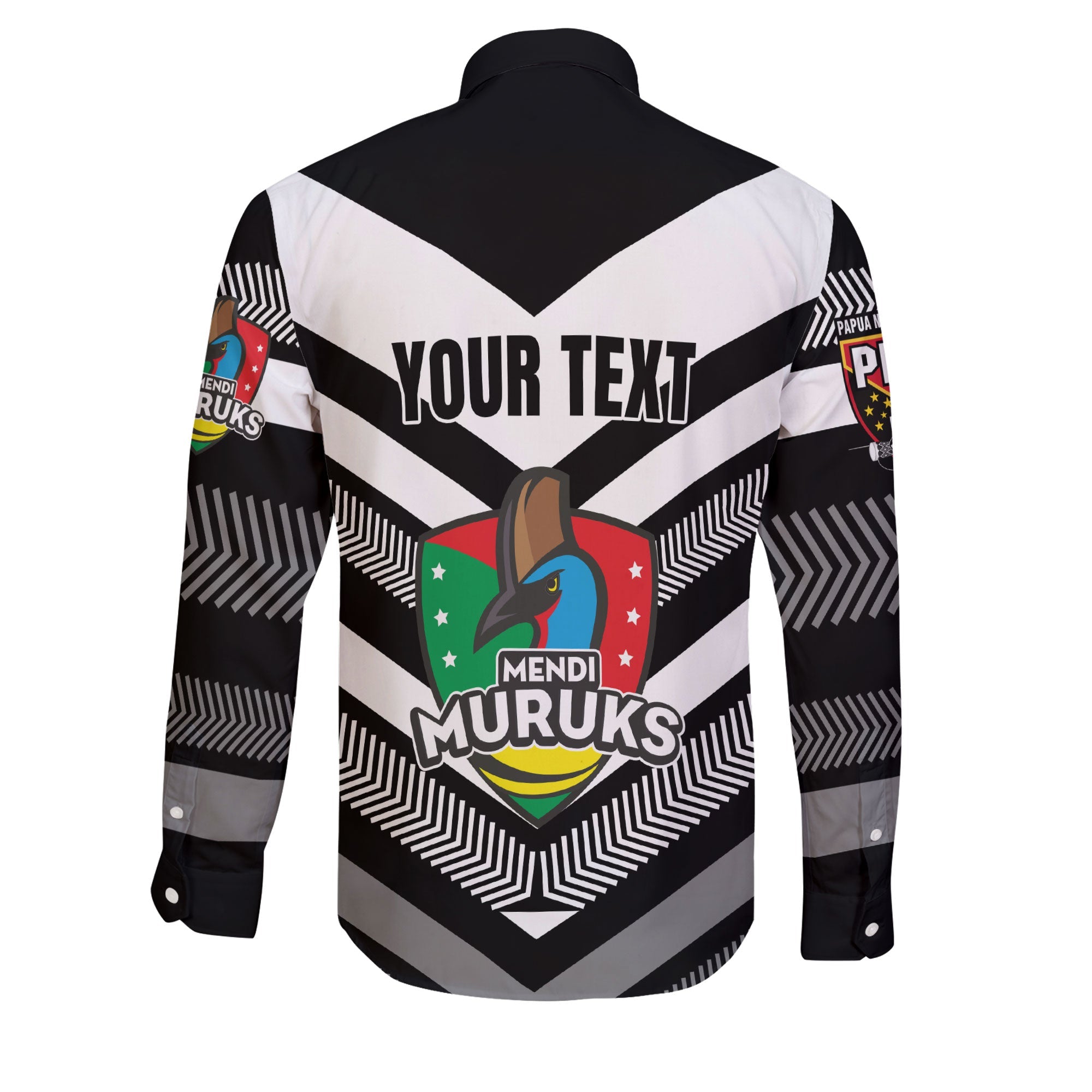 Custom Mendi Muruks Long Sleeve Button Shirt Papua New Guinea Rugby Black & White Style