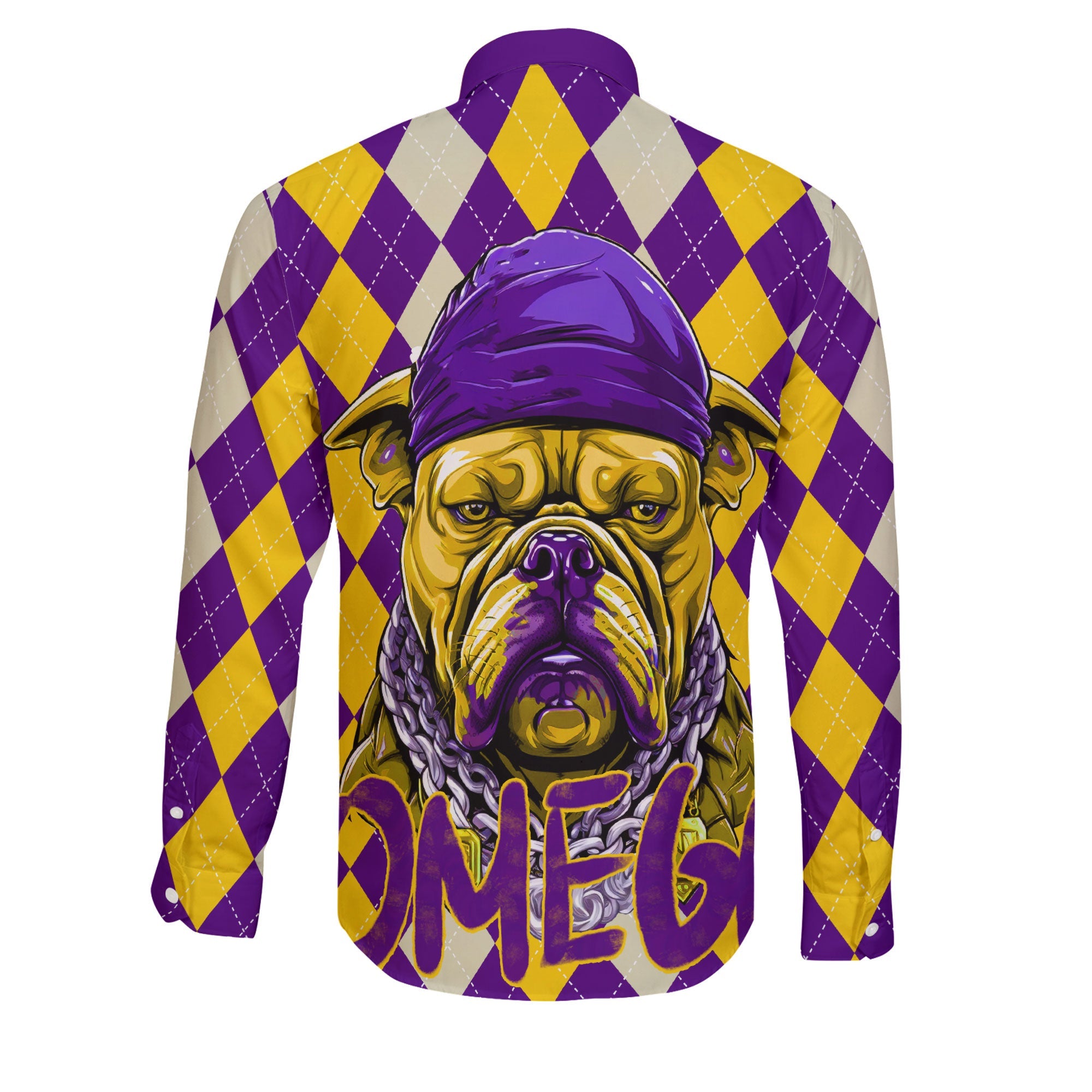 Fraternity Shirt - OPP Christmas Long Sleeve Button Shirt Bulldog Purple Gold Caro Pattern Style