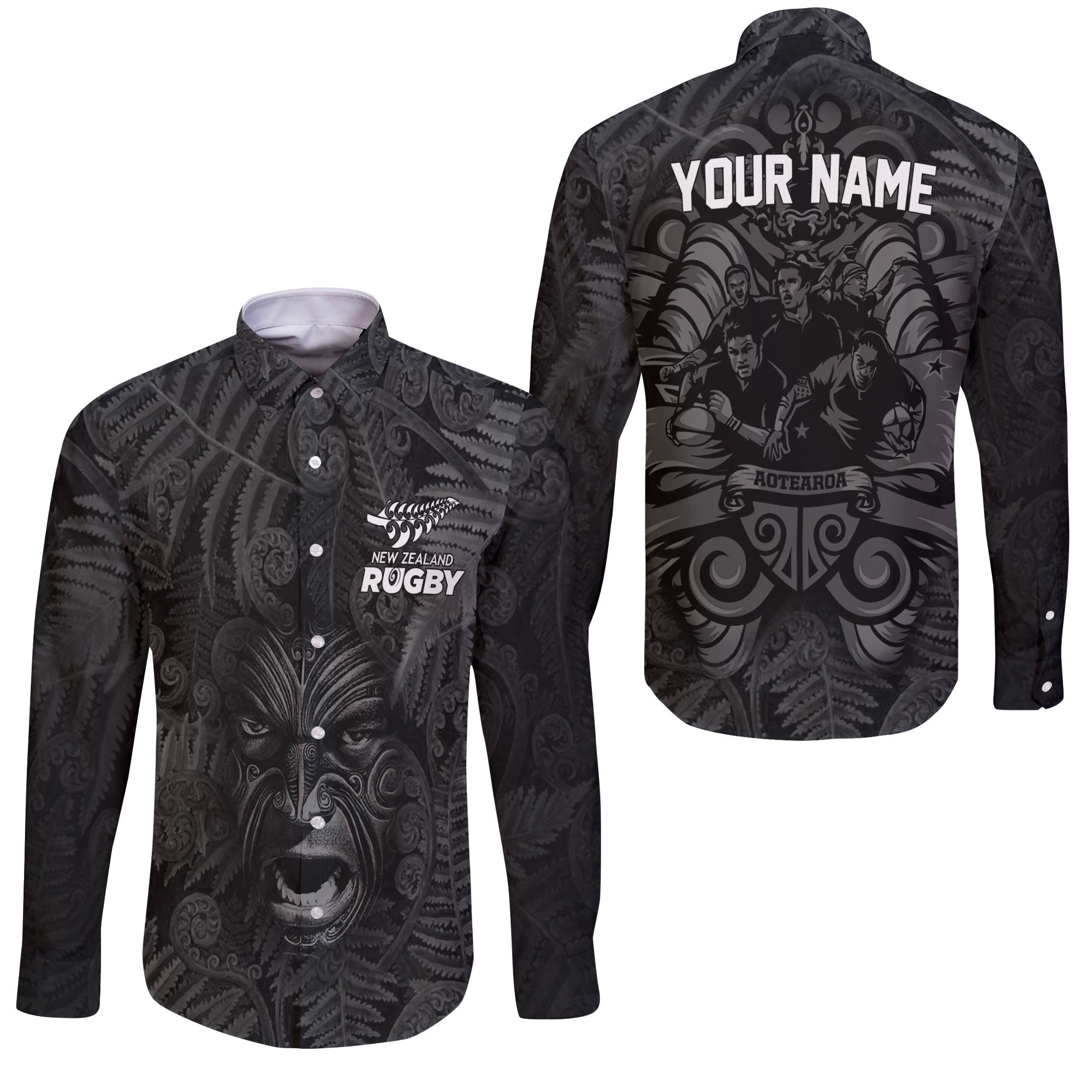 Custom New Zealand Rugby Long Sleeve Button Shirt Silver Fern & Maori Warrior Style