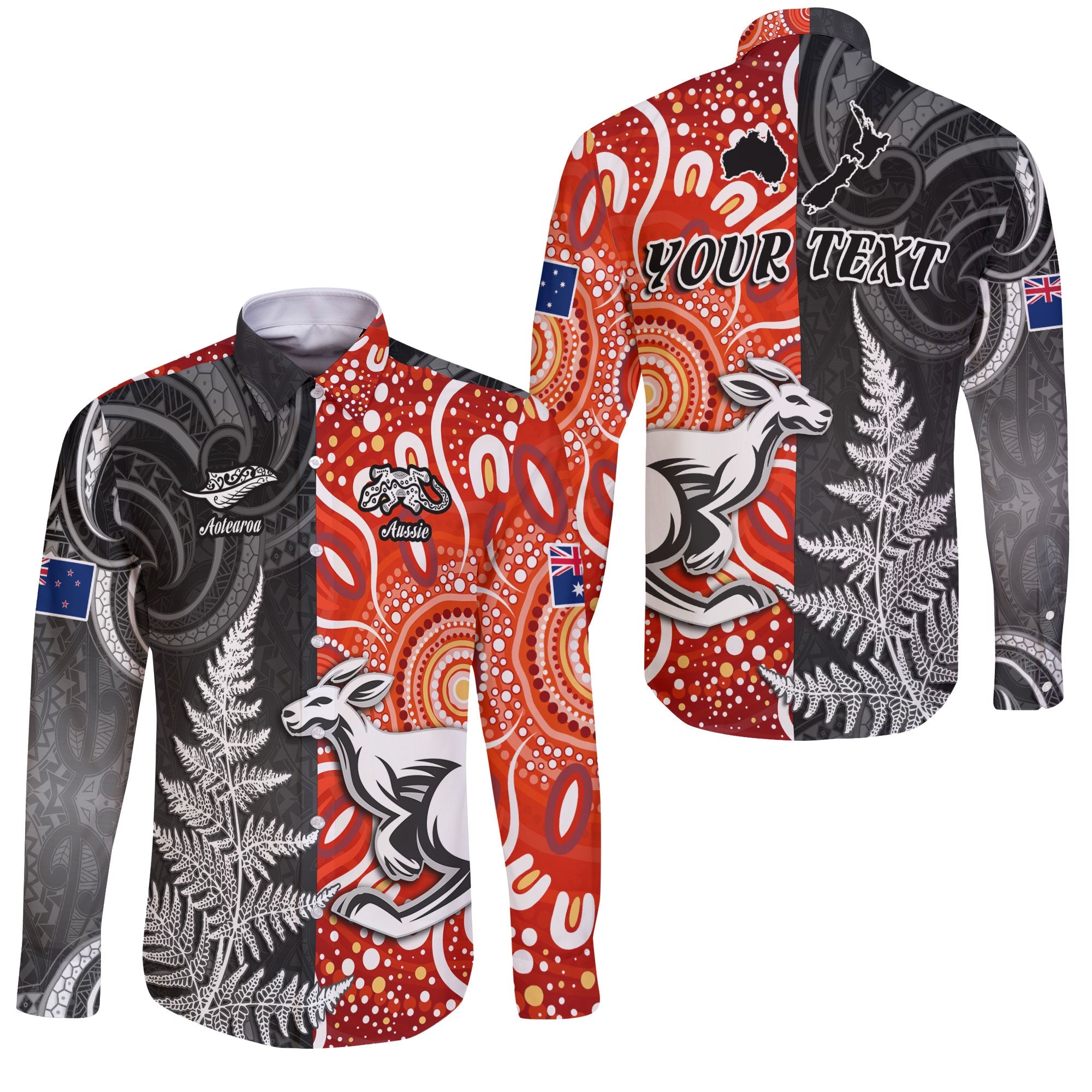 Custom New Zealand Rugby Long Sleeve Button Shirt Aotearoa Silver Fern & Aussie Kangaroo Maori & Aboriginal - LH1