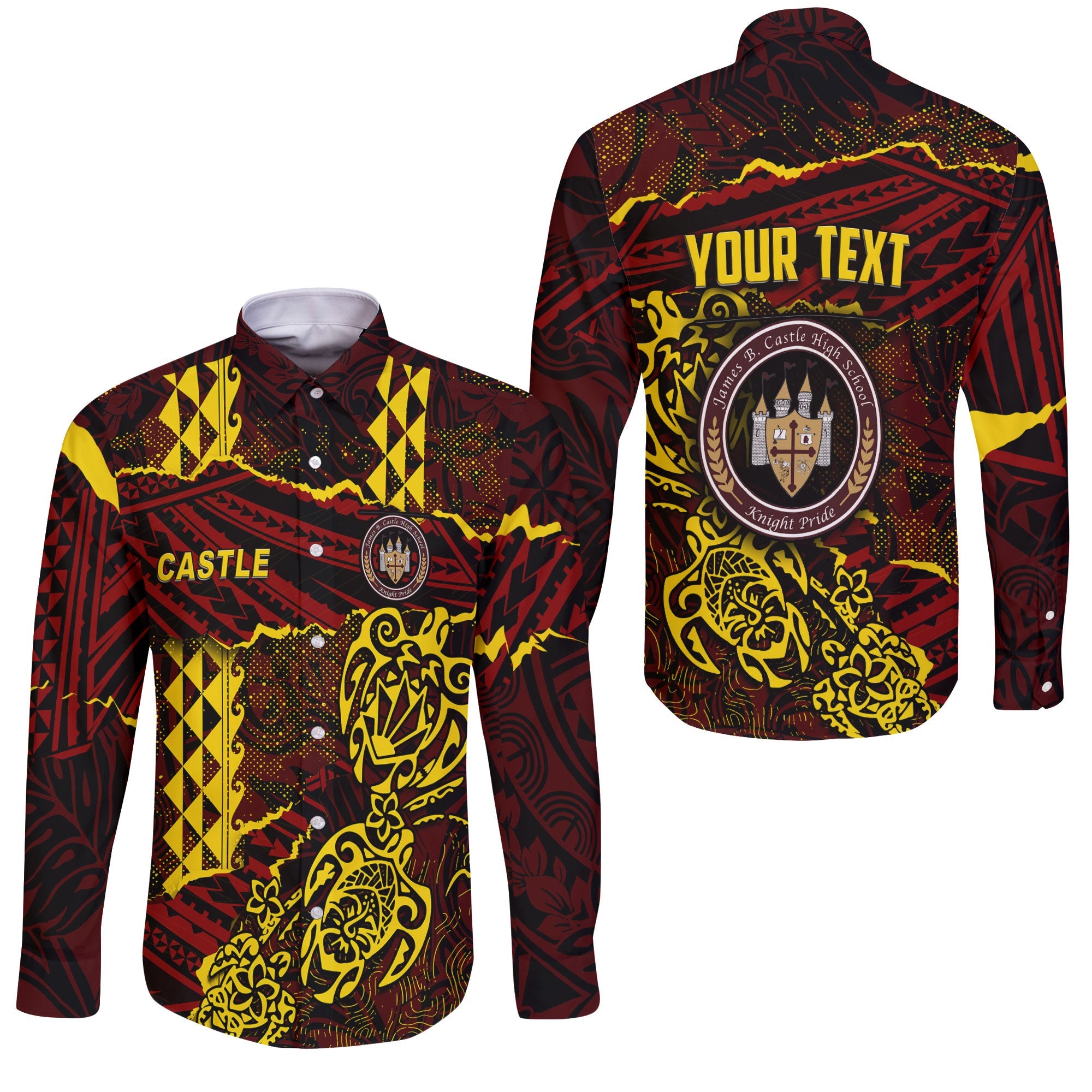 Hawaii Castle High School Custom Long Sleeve Button Shirt Polynesian Turtle Style