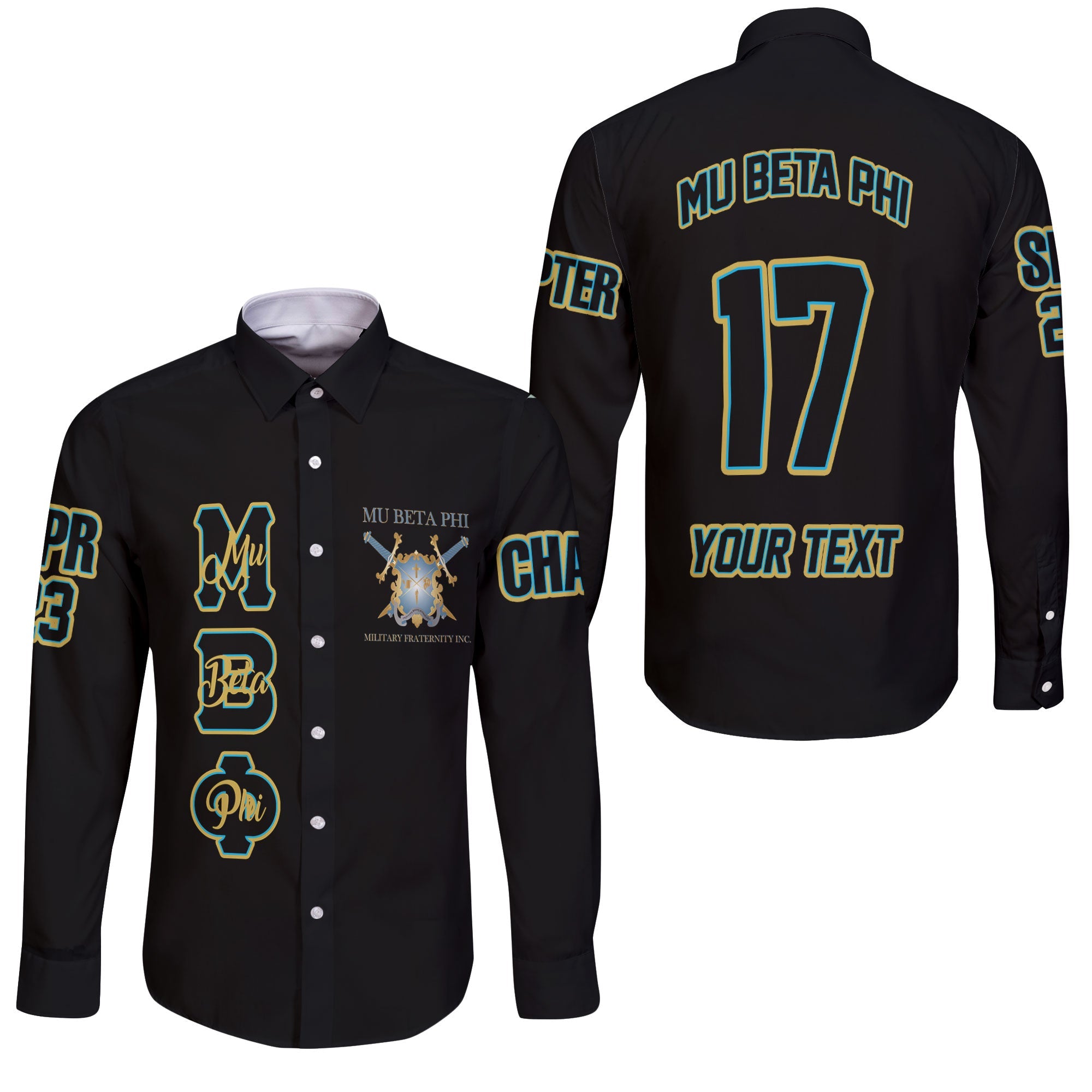 Fraternity Shirt - Personalized Mu Beta Phi Long Sleeve Button Shirt Original Black Style