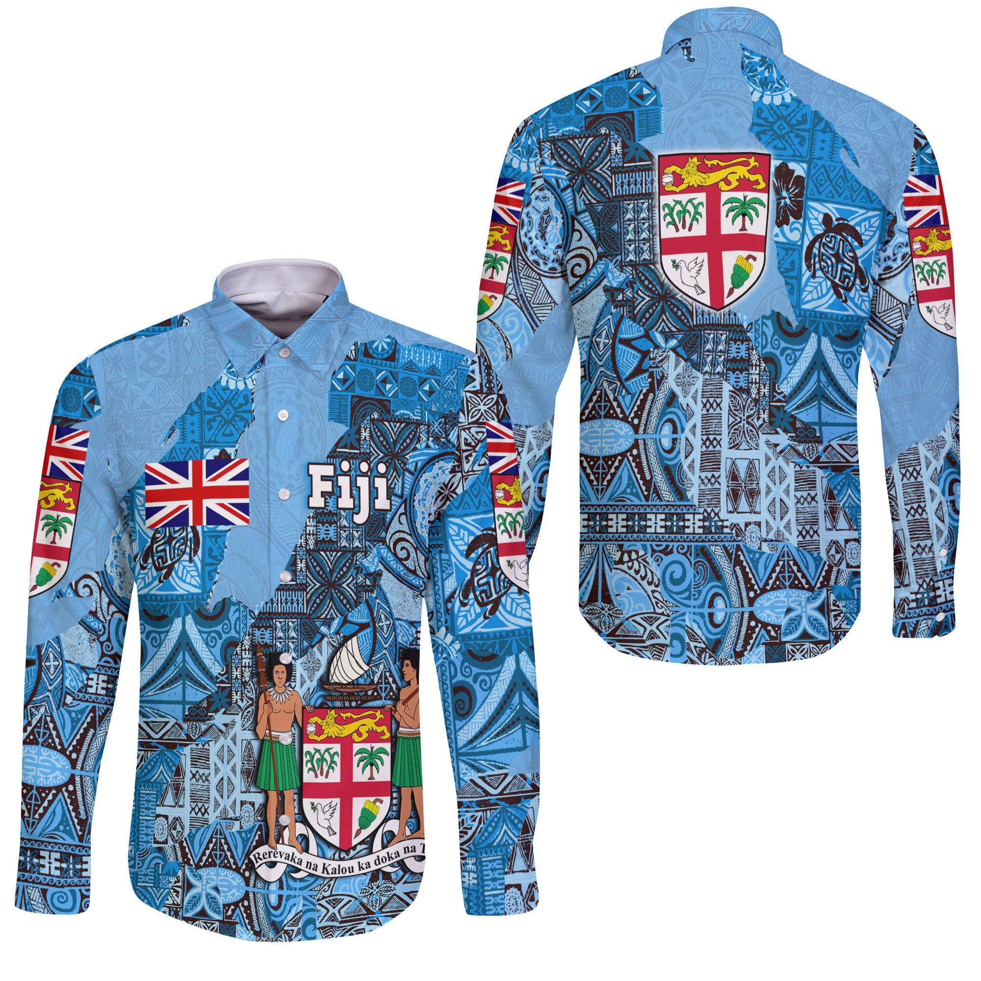 Fiji Flag & Coat Of Arms Long Sleeve Button Shirt