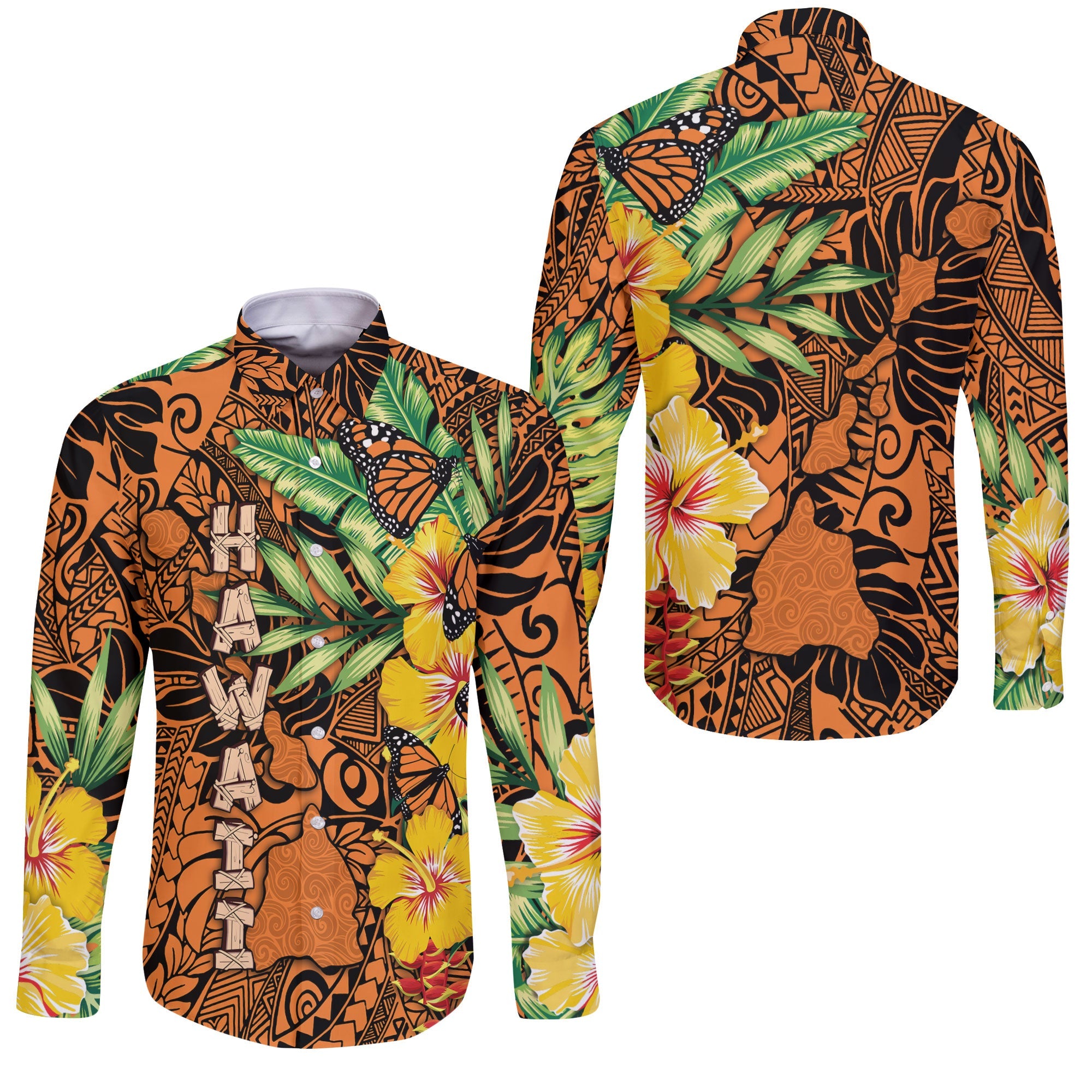 Hawaii Long Sleeve Button Shirt Kamehameha Butterfly Tropical Style