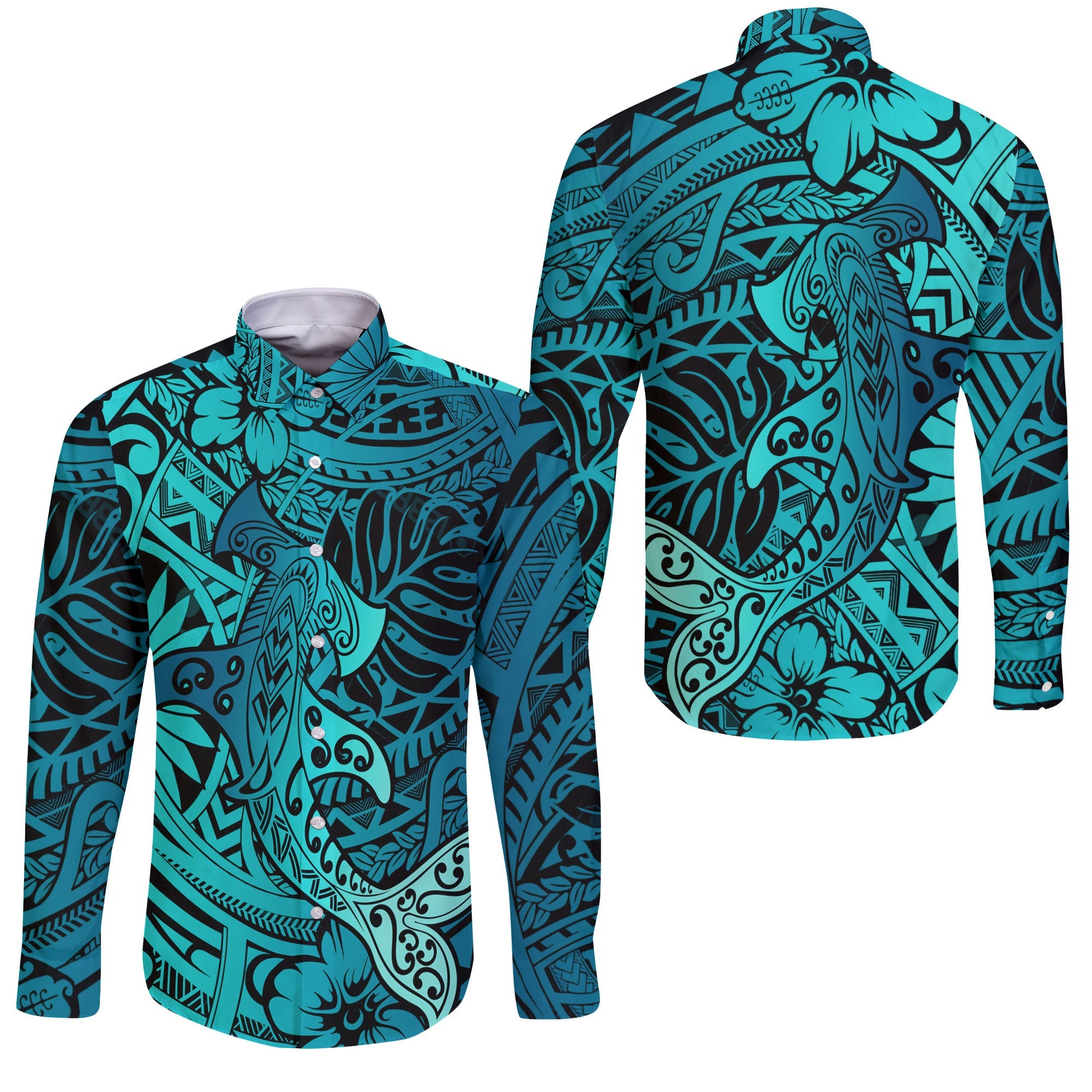 Hawaii Hammerhead Shark Long Sleeve Button Shirt Light See Blue Style