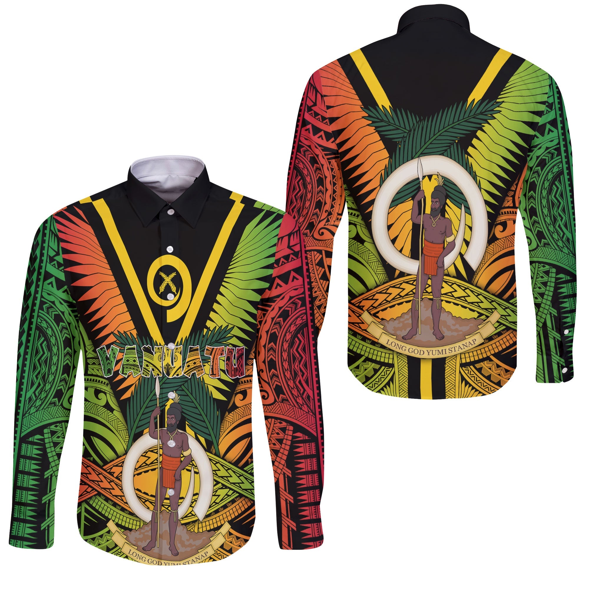 Vanuatu Long Sleeve Button Shirt Coat Of Arms Reggae Style