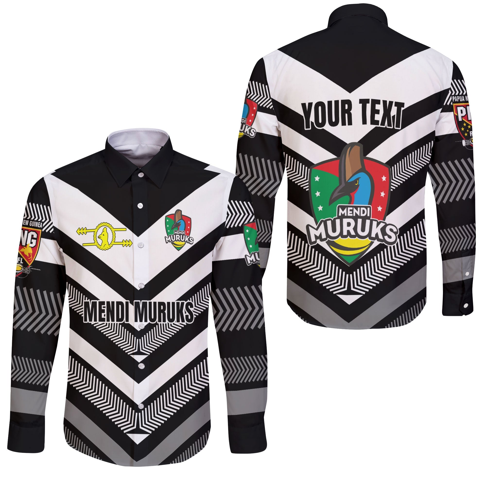 Custom Mendi Muruks Long Sleeve Button Shirt Papua New Guinea Rugby Black & White Style