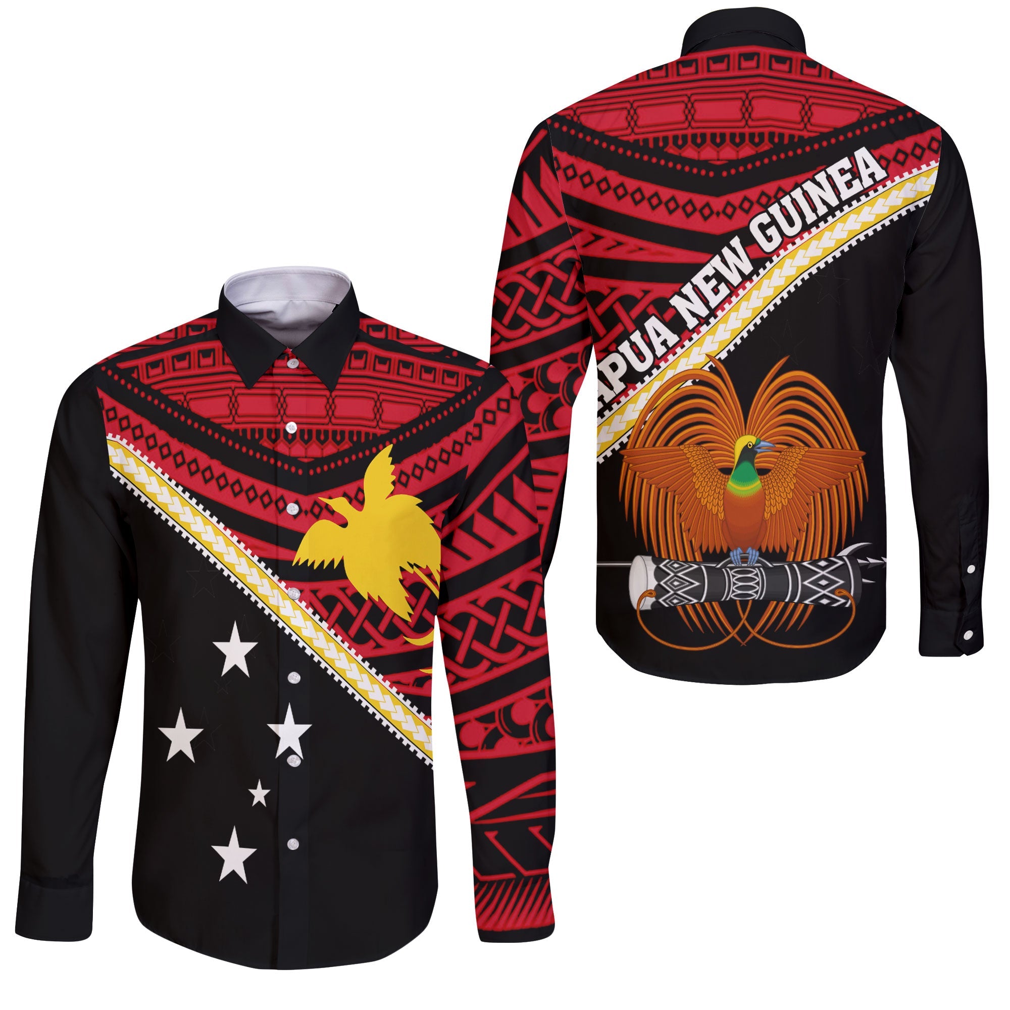 Papua New Guinea Long Sleeve Button Shirt Polynesian Flag Style