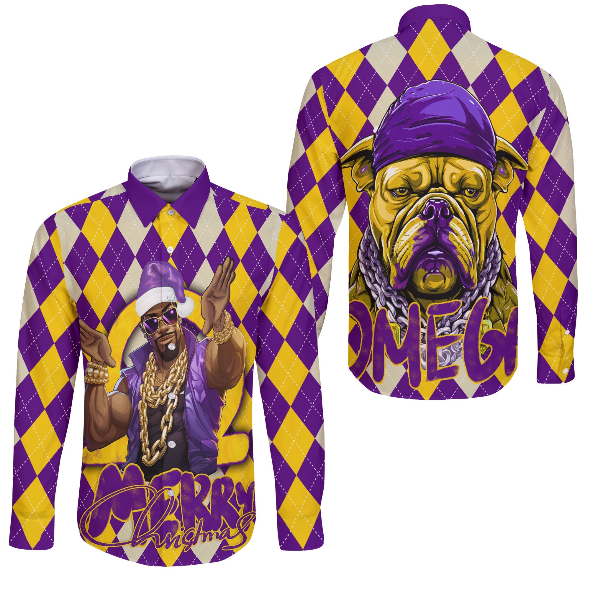 Fraternity Shirt - OPP Christmas Long Sleeve Button Shirt Bulldog Purple Gold Caro Pattern Style