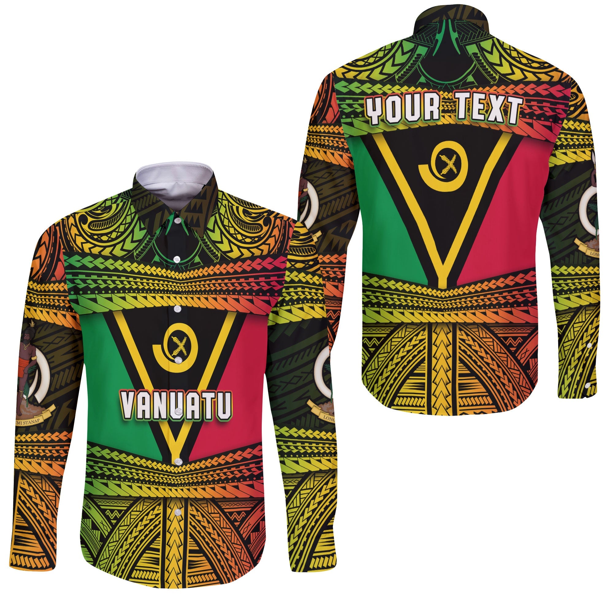 Custom Vanuatu Flag & Coat Of Arms Long Sleeve Button Shirt Reggae Style