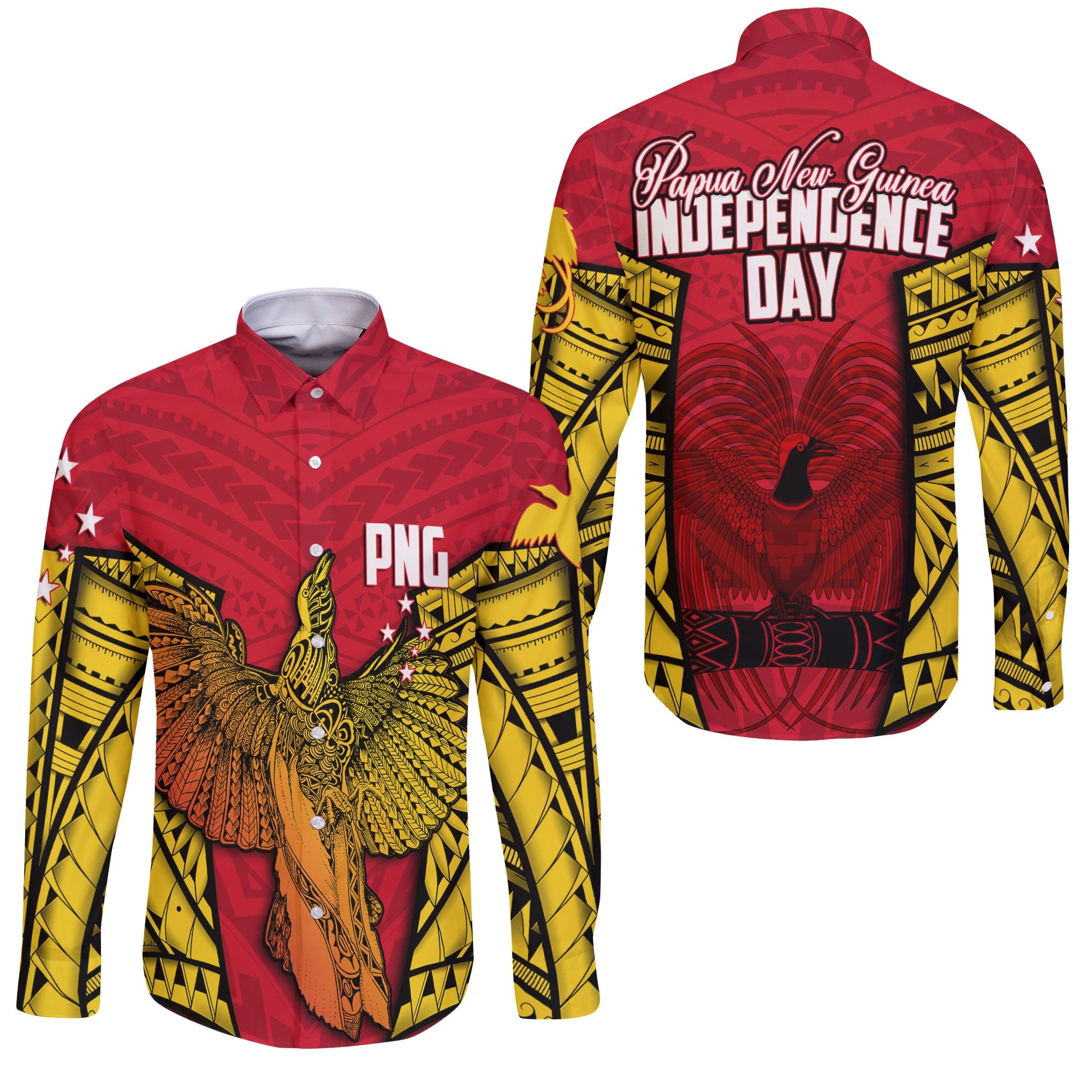 Papua New Guinea Independence Day Long Sleeve Button Shirt Raggiana Bird of Paradise Style