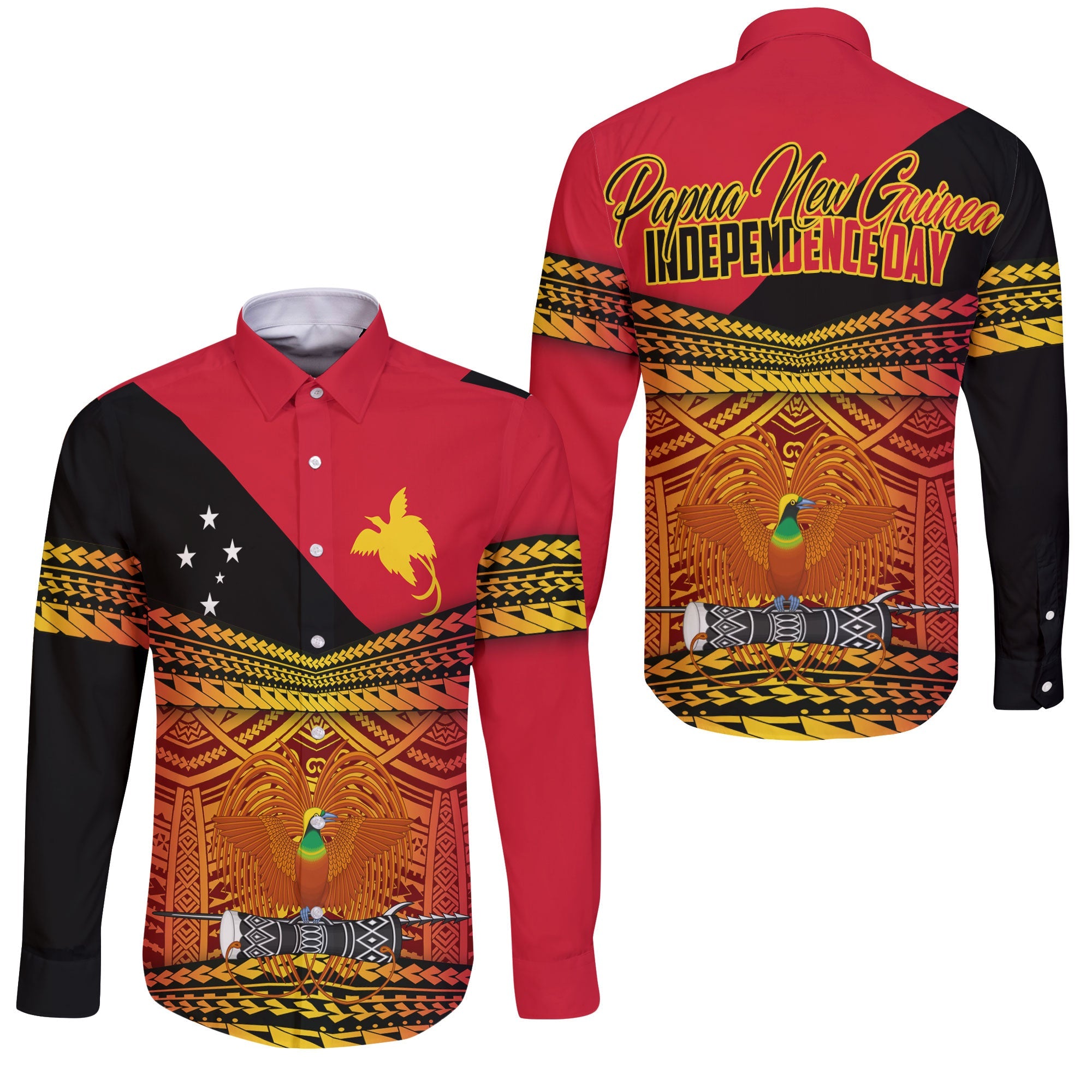 Papua New Guinea Independence Day Long Sleeve Button Shirt PNG Emblem Style