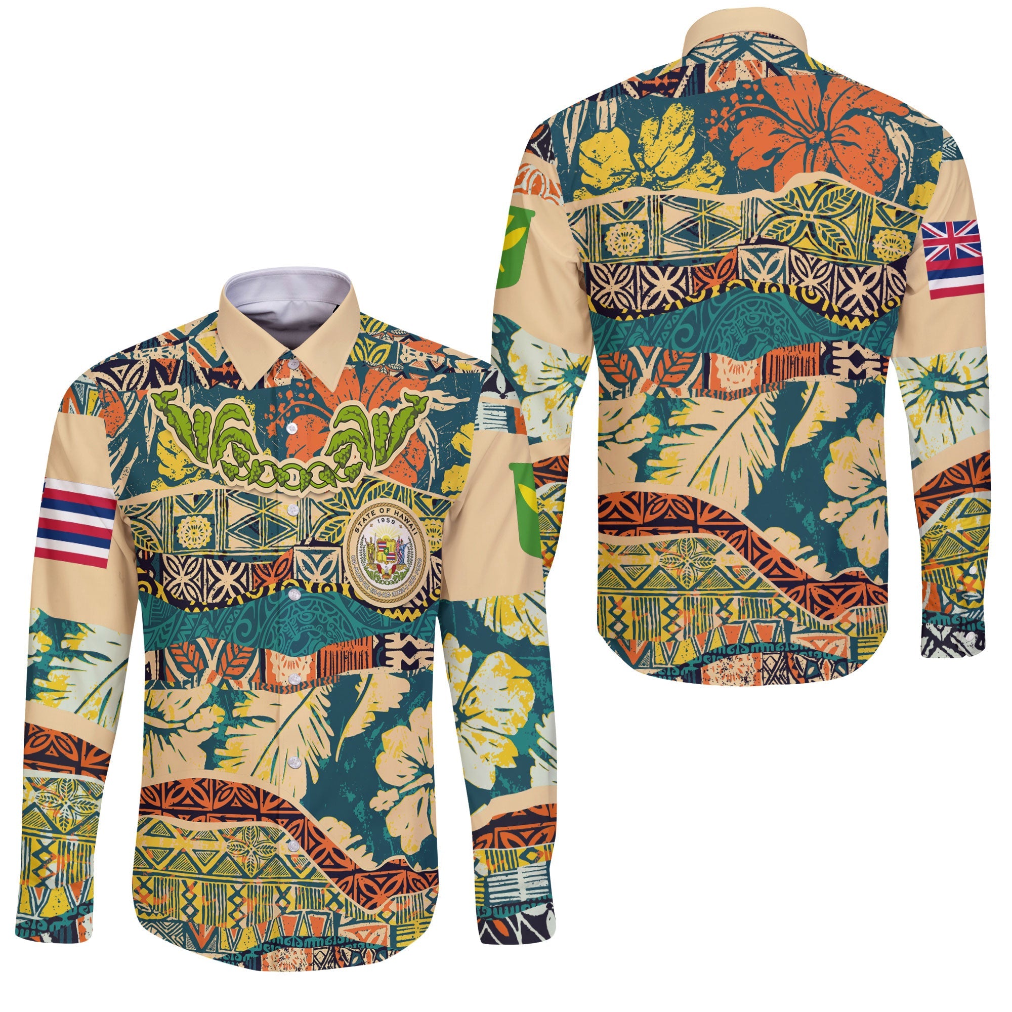 Hawaii Flag Long Sleeve Button Shirt Coat Of Arm Style