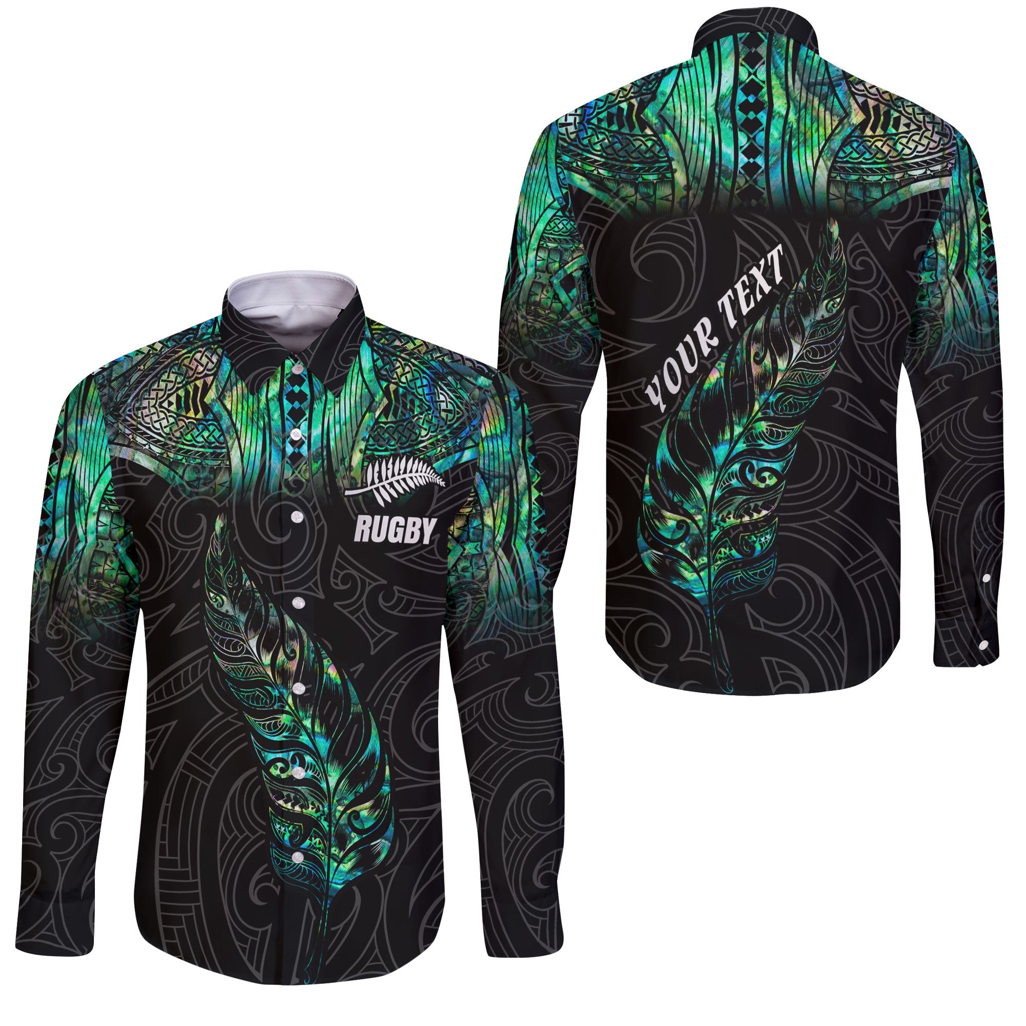 Custom New Zealand Rugby Long Sleeve Button Shirt Maori mix Paua Shell Rugby Silver Fern Aotearoa - LH1