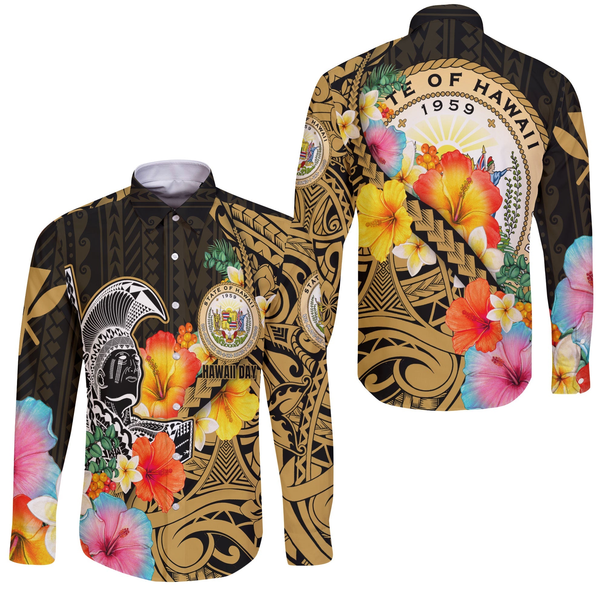 Hawaii Day King Kamehameha Long Sleeve Button Shirt