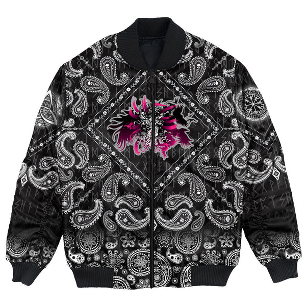 Viking Bomber Jacket Long haired Valkyrie with Bandana Paisley Style