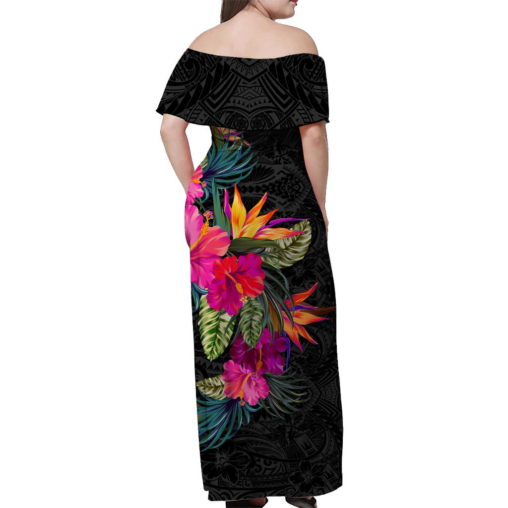 Tahiti Hibiscus Polynesian Tribal Women Off Shoulder Long Dress - LT12