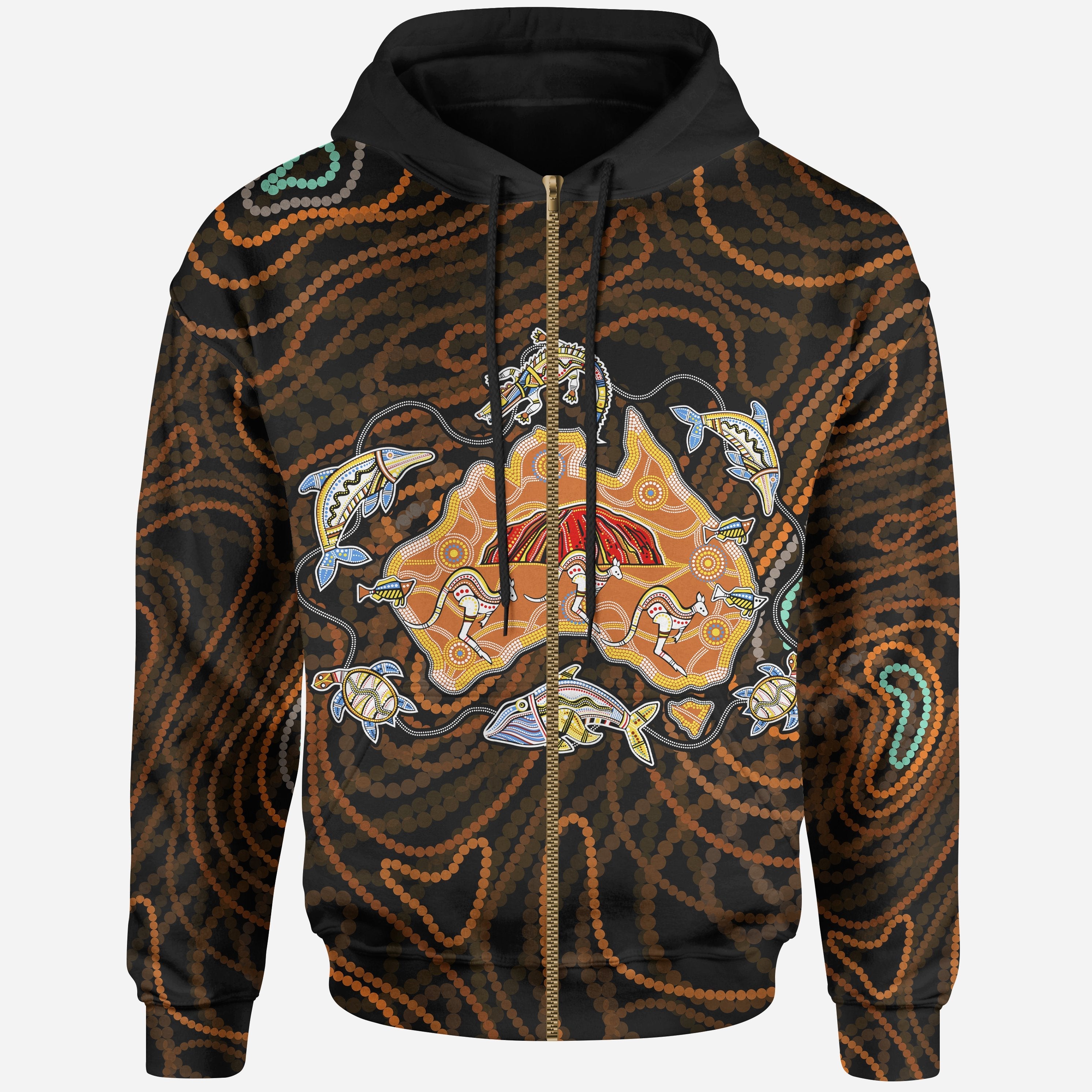 Aboriginal Zip Hoodie - Australia Map Kangaroo Uluru Patterns