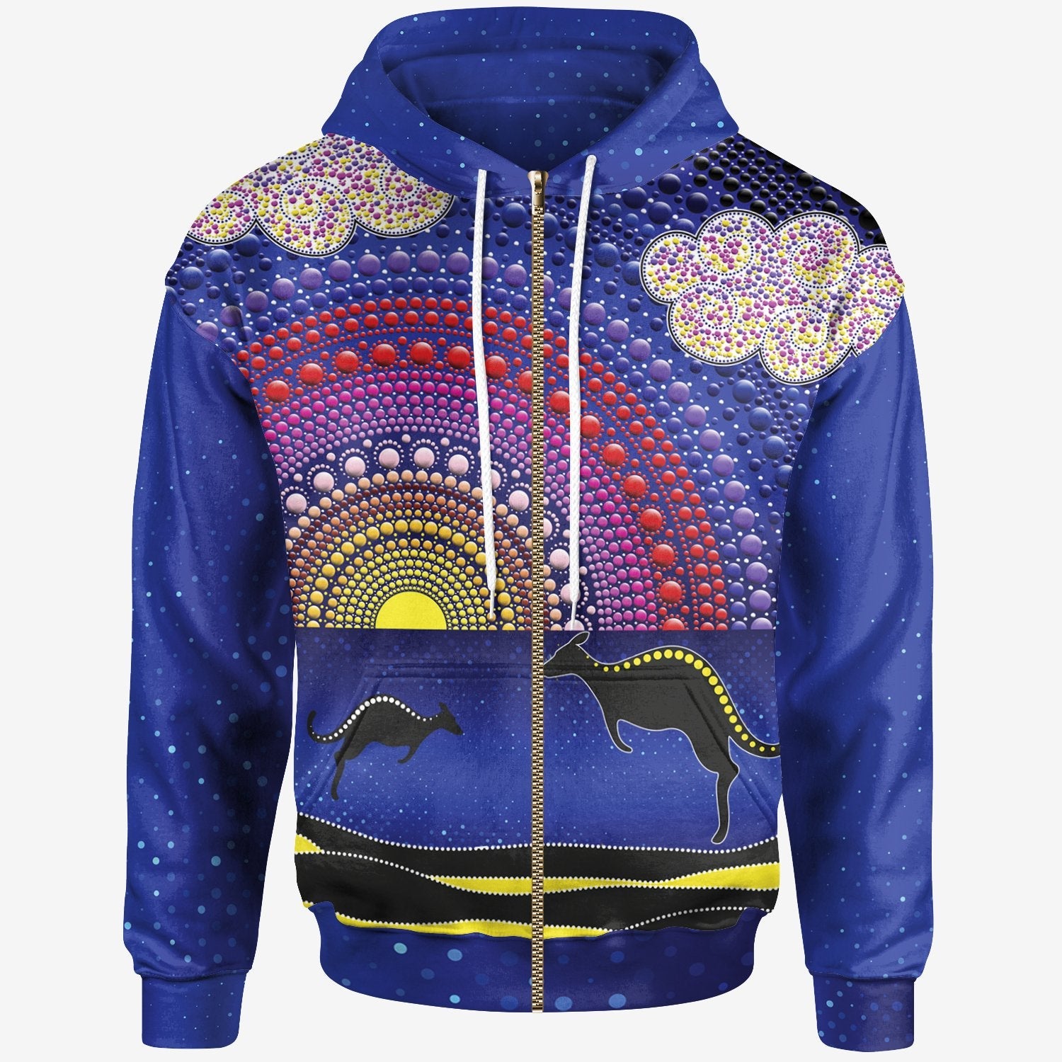 Aboriginal Zip Hoodie - Sunset Over The Sea And Kangaroo Dot Painting