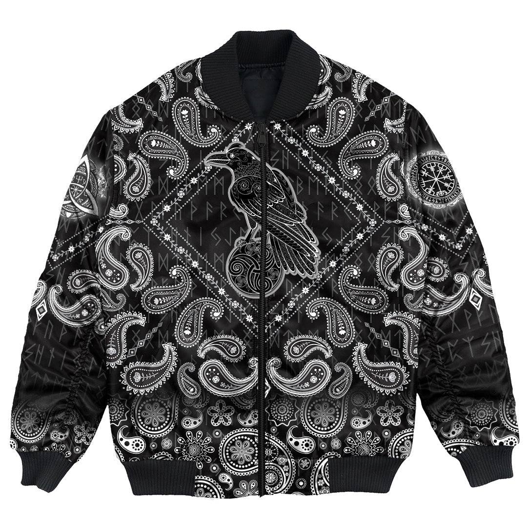 Viking Bomber Jacket Magic Fairyland Crow From Ancient Celtic Legend with Bandana Paisley Style