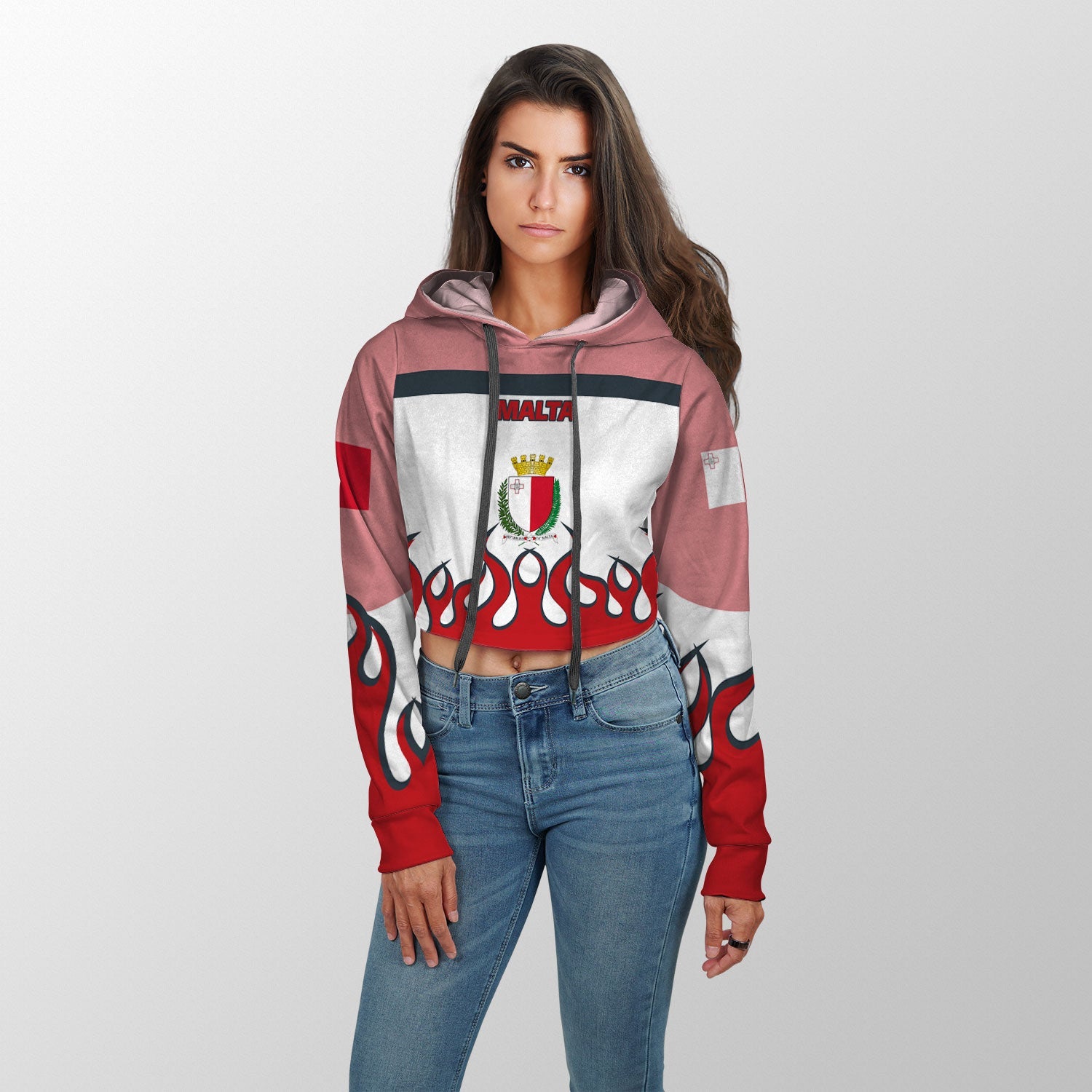 Malta Crop Hoodie Flag & Coat Of Arms Fire Hockey Style