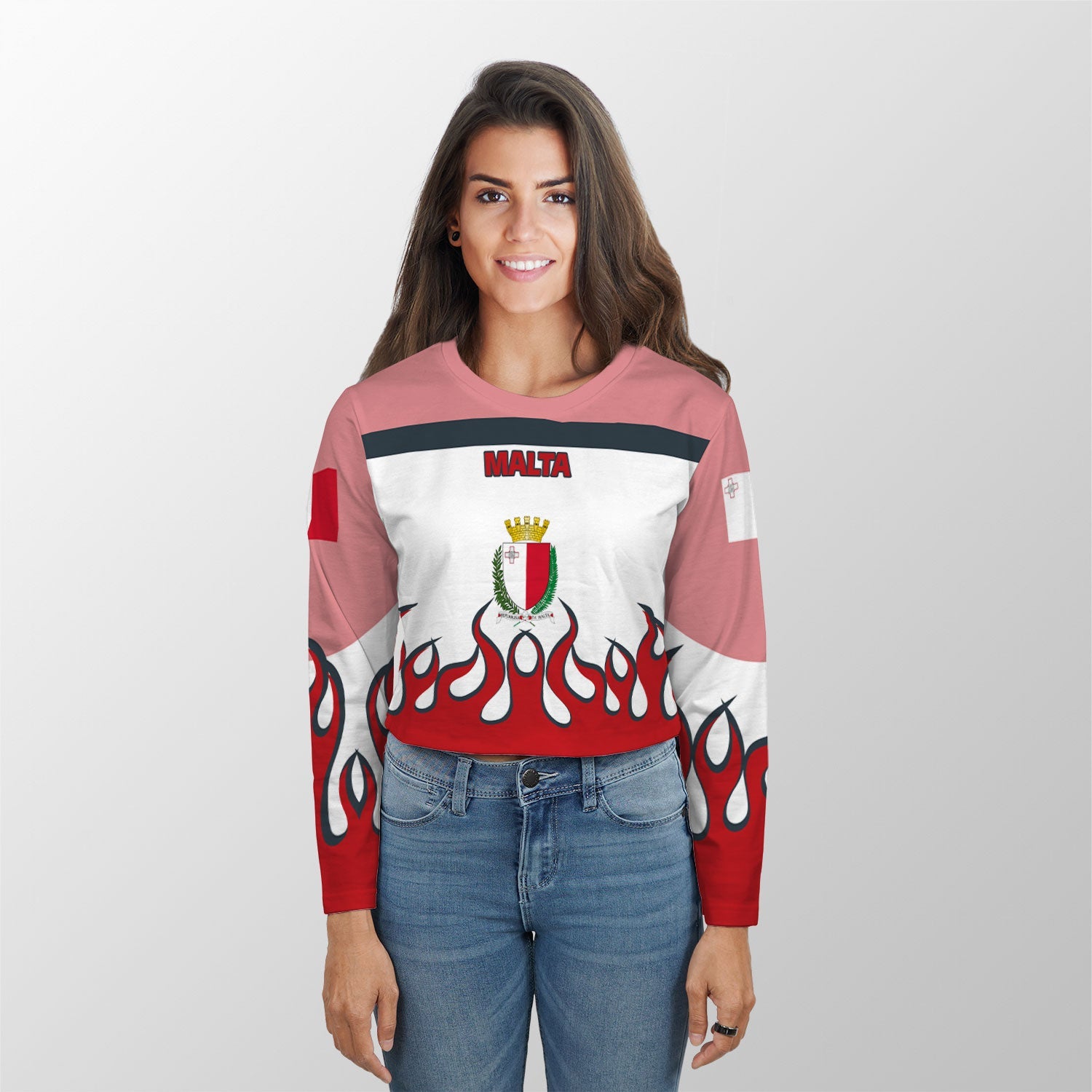 Malta Crop Top Long TShirt Flag & Coat Of Arms Fire Hockey Style