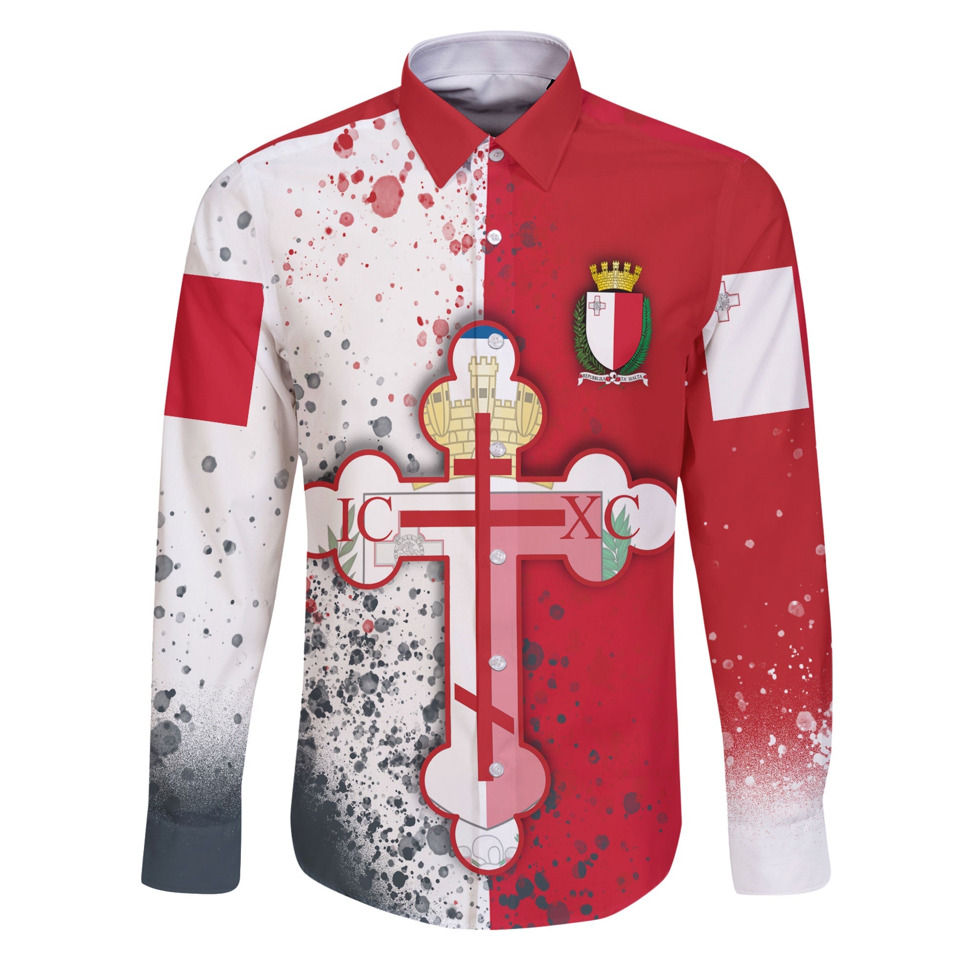 Malta Long Sleeve Button Shirt Flag & Coat Of Arms Orthodox Style