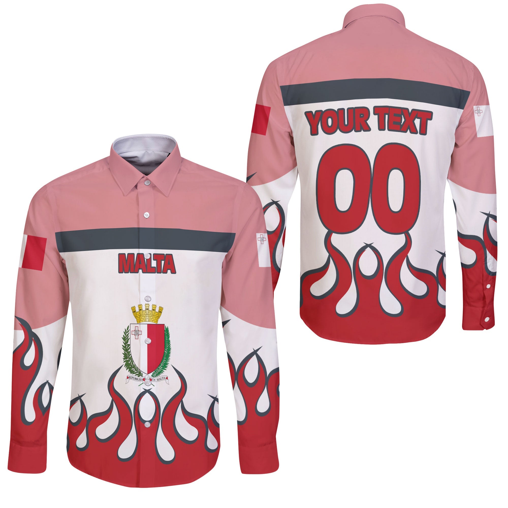 Malta Long Sleeve Button Shirt Flag & Coat Of Arms Fire Hockey Style