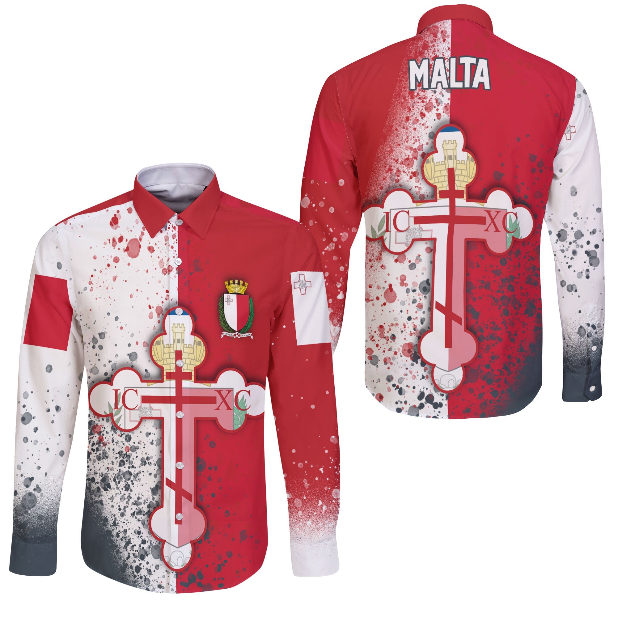 Malta Long Sleeve Button Shirt Flag & Coat Of Arms Orthodox Style